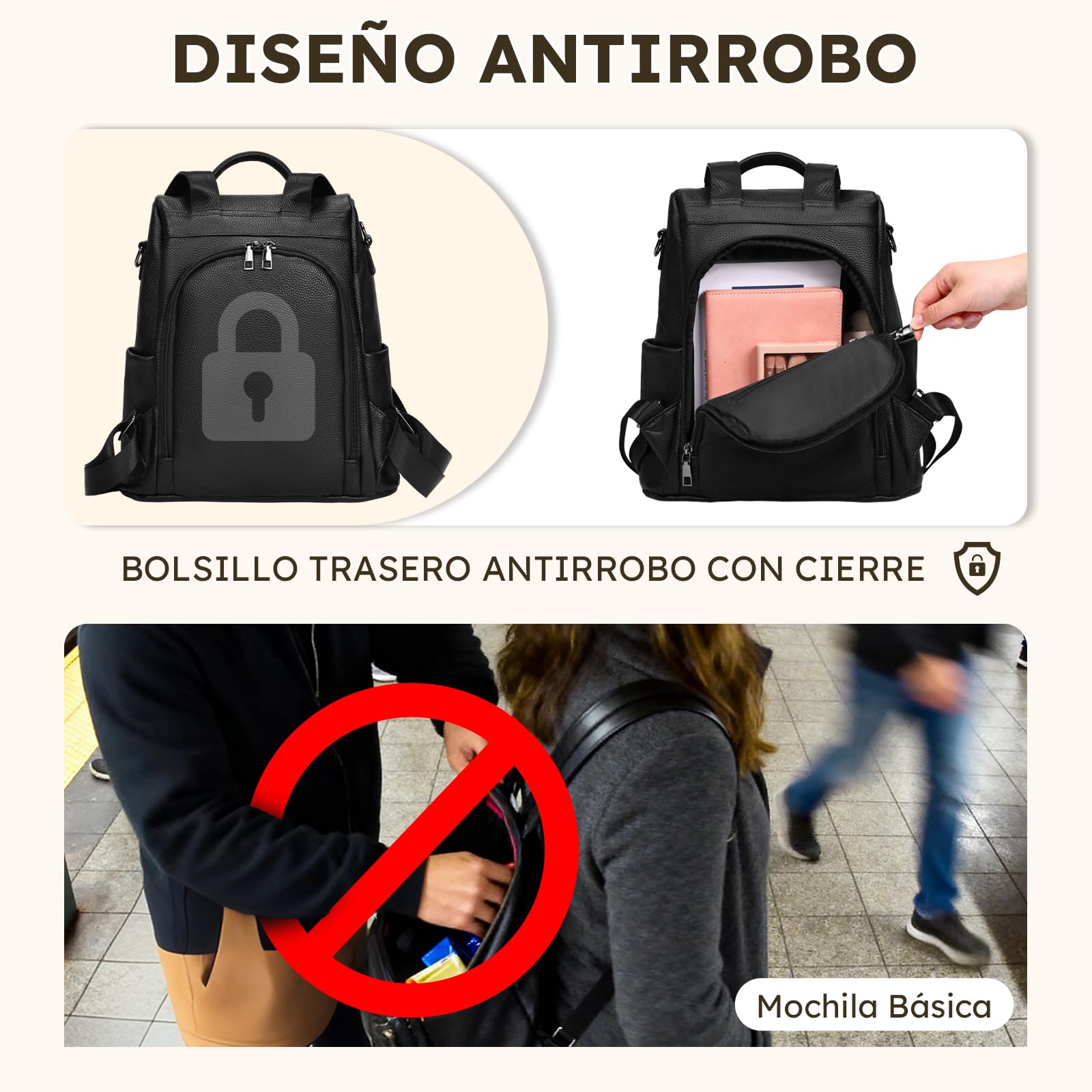 Eshow Mochila Mujer Antirrobo de Cuero Genuino para Trabajo Viaje Oficina