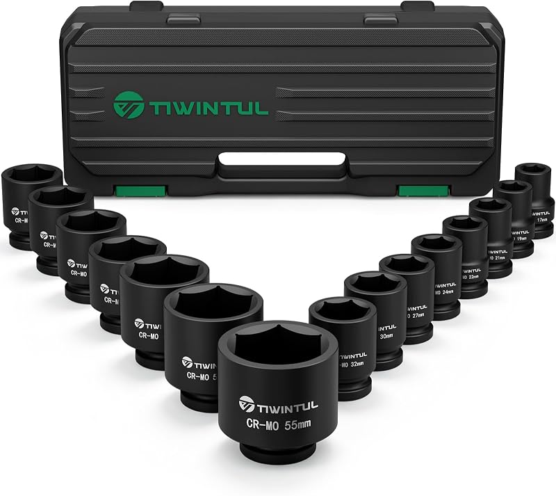 Jogo de Soquetes de Impacto 3/4" com Encaixe de 19,1 mm, Métrico, 17–55 mm, TIWINTUL, 15 peças