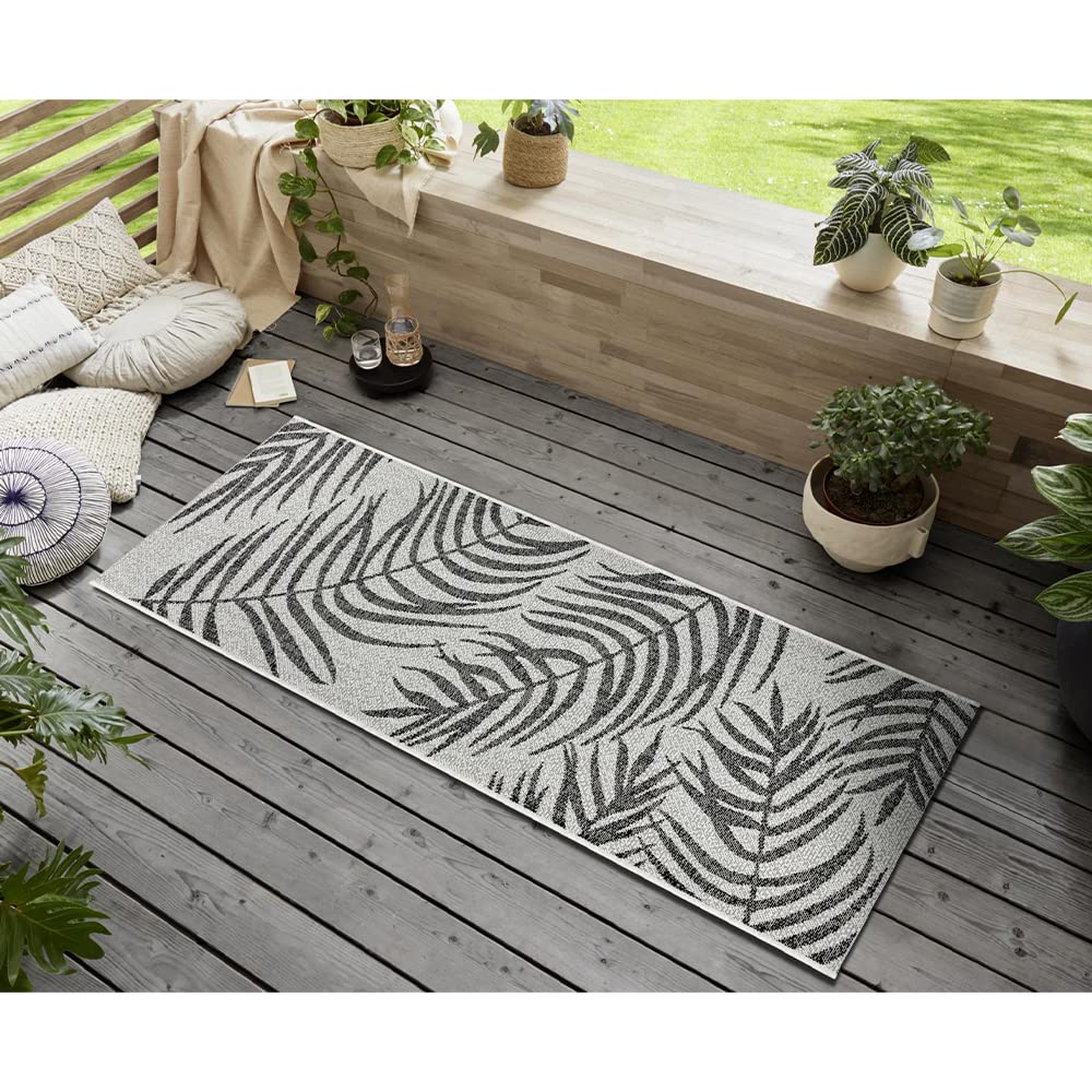 NORTHRUGS Palmera Tapis d'extérieur (70 x 300 cm, Motif Floral, 100% polypropylène, résistant et Facile d'entretien, résistant aux Rayons UV, Salon, Balcon, terrasse, Jardin) Noir/crème, 70 x 300 cm