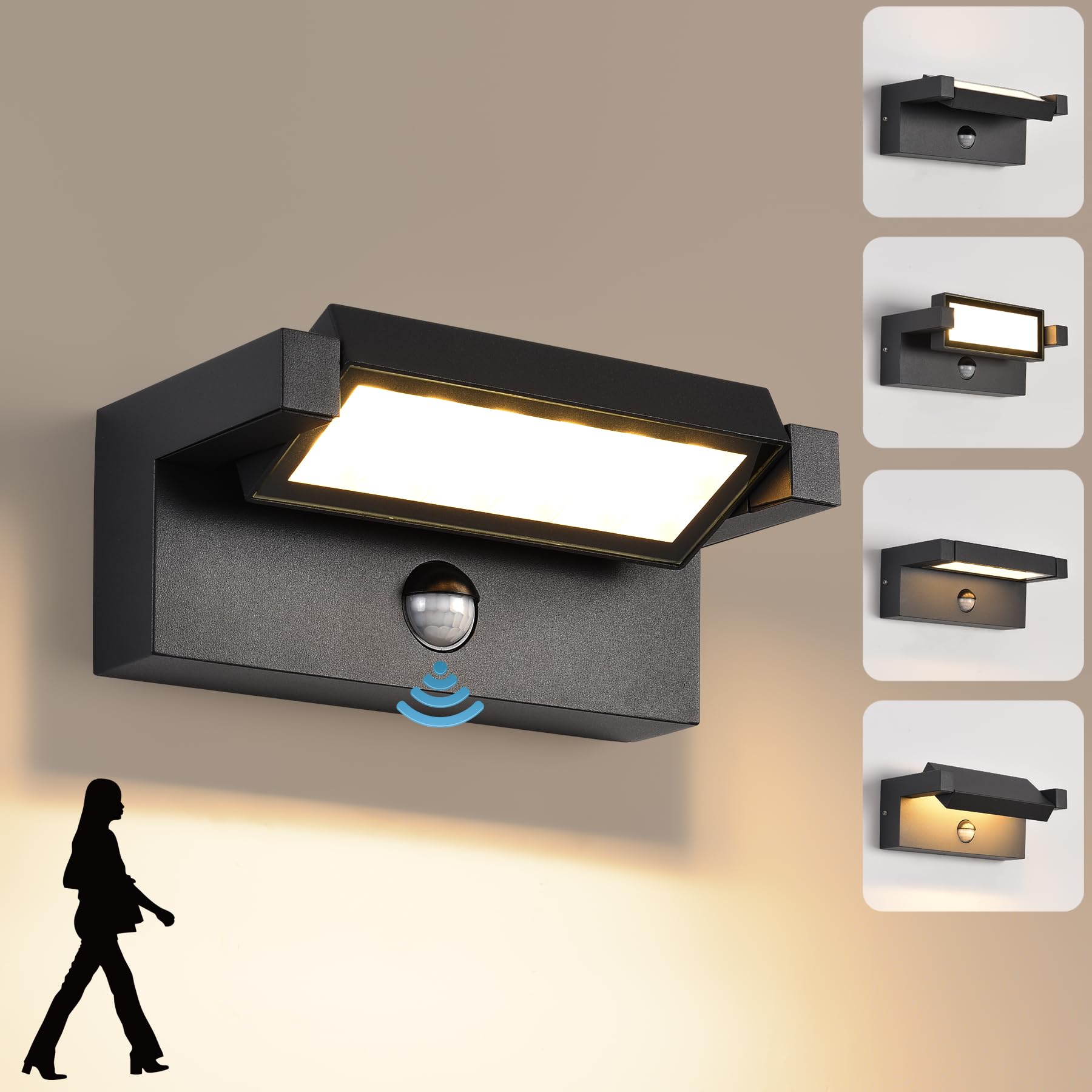 KUKAK LED aplique pared de 22W con sensor de movimiento,luz terraza exterior IP65 impermeable,aplique de 3000K en blanco cálido para exterior/interior con panel orientable de 350° para jardín,Negro