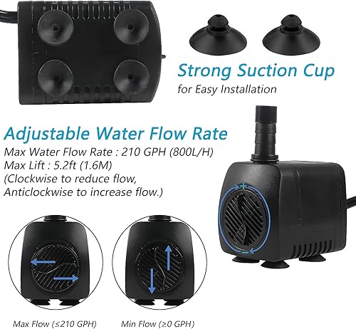 Miniatura 3 de Bomba de agua sumergible para fuente sumergible de 15 W, 220 GPH, bomba ajustable ultra silenciosa (800 lh) con 12 luces LED automáticas coloridas