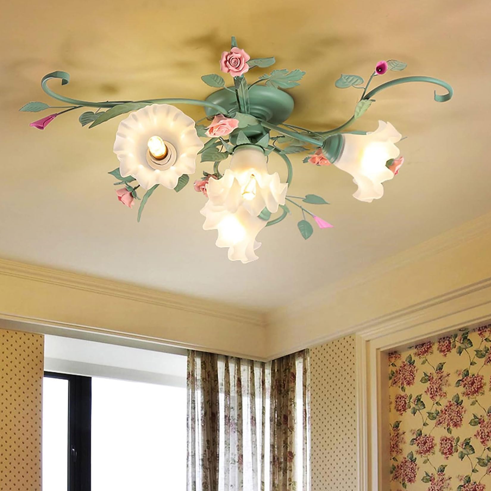 Agteruo Rustic Flush Mount Ceiling Light with White Frosted Glass Shade, 31" Wide 4 Lights Farmhouse Iron Light Fixture Green Metal Pink Rose Flower Chandelier for Foyer Bedroom Veranda