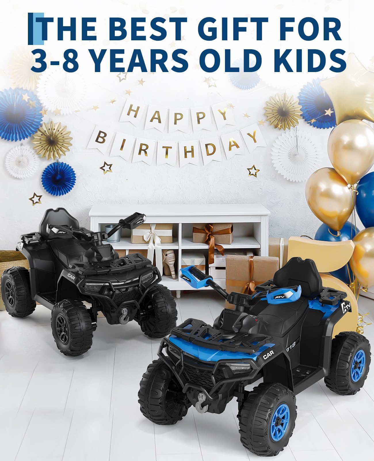 Quad Eléctrico Infantil 12V con Música y Luces, Vehículo Eléctrico con Doble Motor, USB y Bluetooth, Velocidad 3–5 km/h, Vehículo Todoterreno a Batería para Niños 3+ Años, Azul