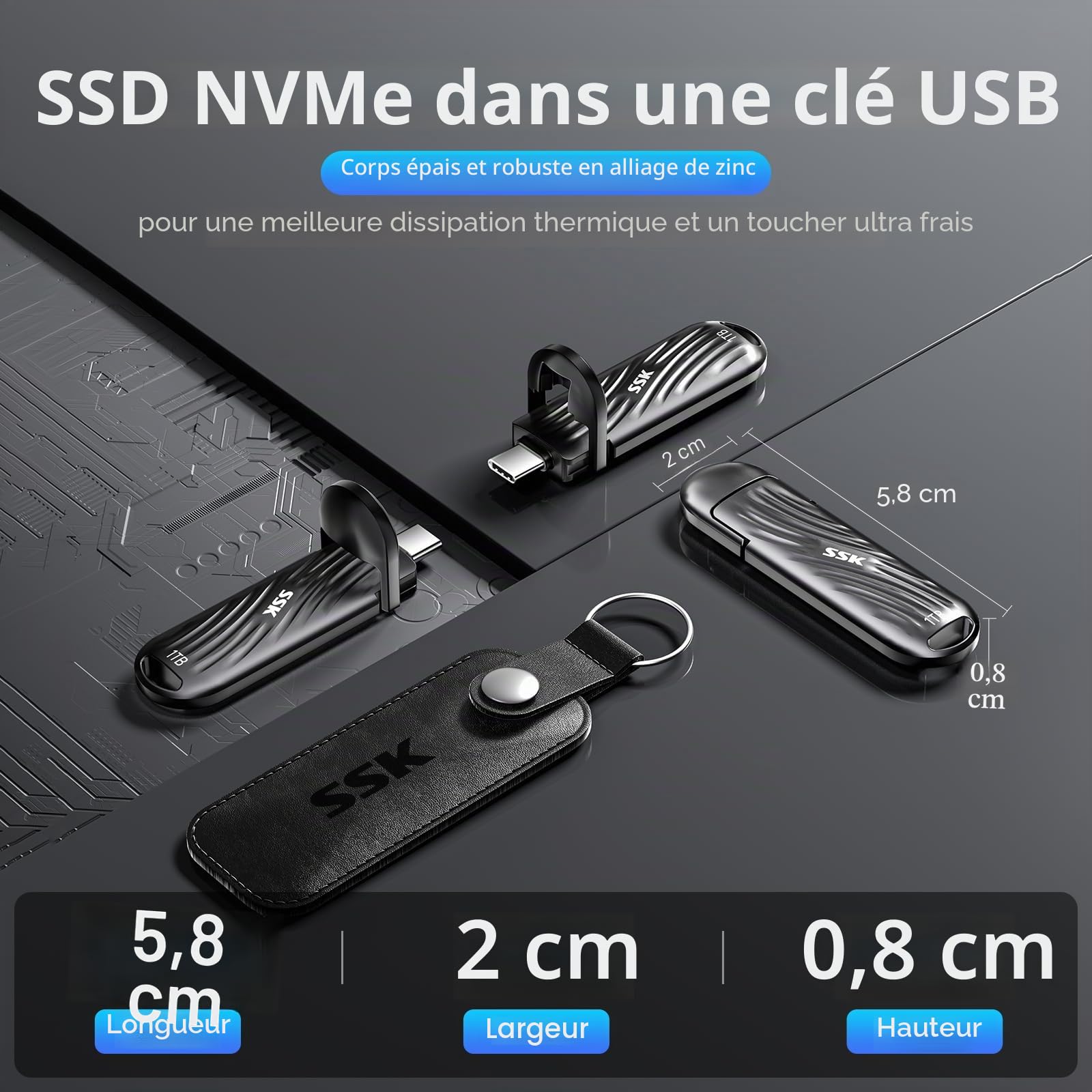 SSK USB 1 to SSD Externe jusqu'à 2000 Mo/s, Disque Dur Externe 1to Portables USB3.2 Gen 2X2 pour iPhone 15/16 Pro ProRes Mac/WTG/Android, Alliage de Zinc