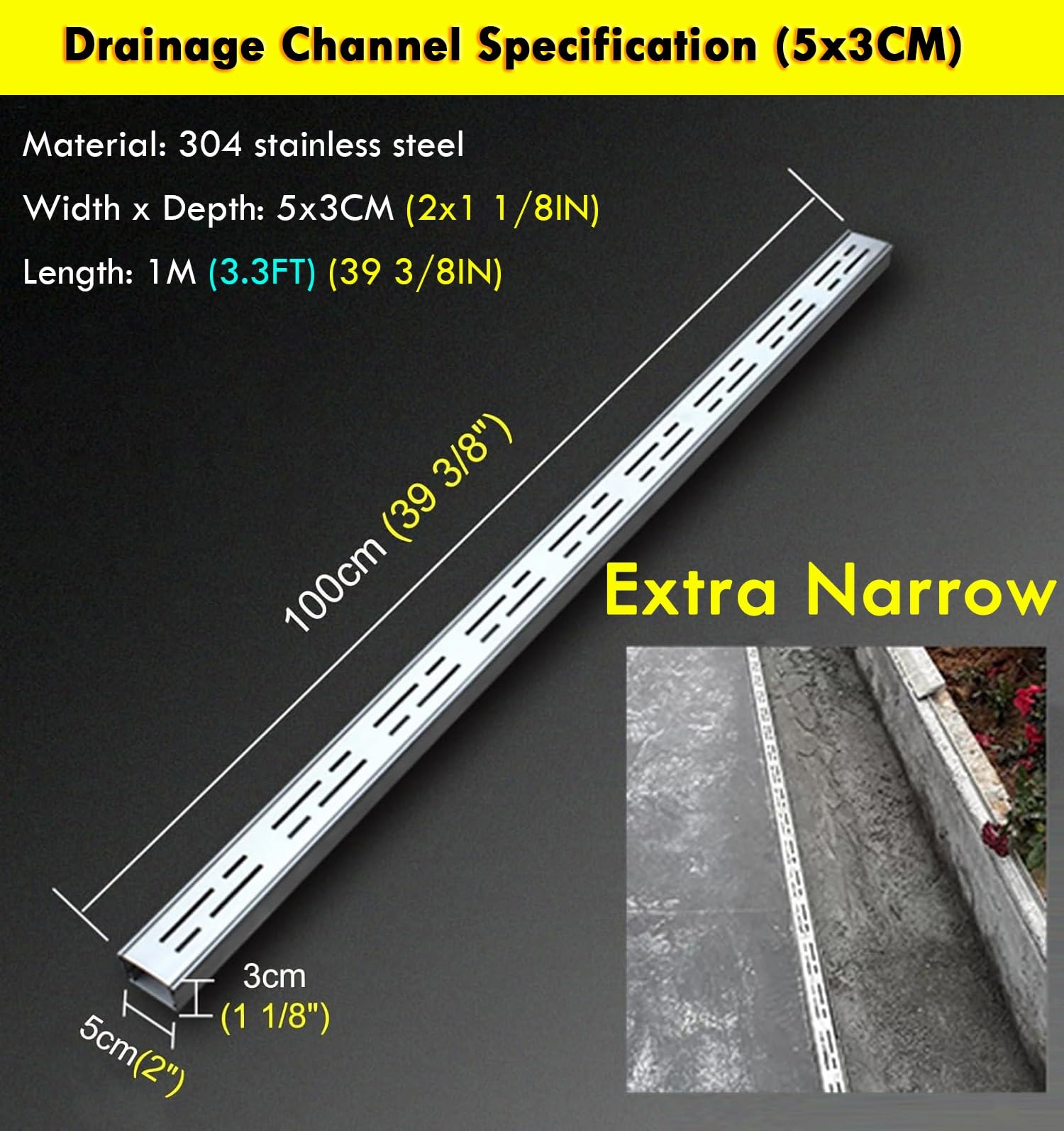 Kit di canali di drenaggio stretti da 1 m, sistema esterno a basso profilo, 4 pezzi argentati, 5 x 3 cm, perfetto per balconi e terrazze, gestione delle acque piovane, controllo efficiente del flusso