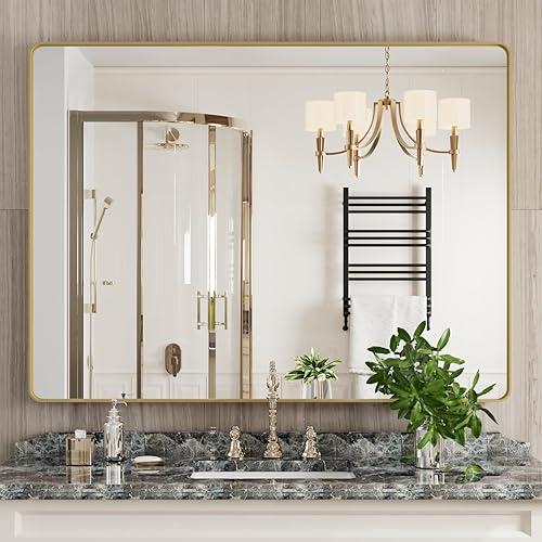 Miniatura 243 de Espejo de baño dorado, 48 x 30 pulgadas, espejo de marco de metal dorado cepillado para pared, espejo rectangular redondeado de tocador de baño