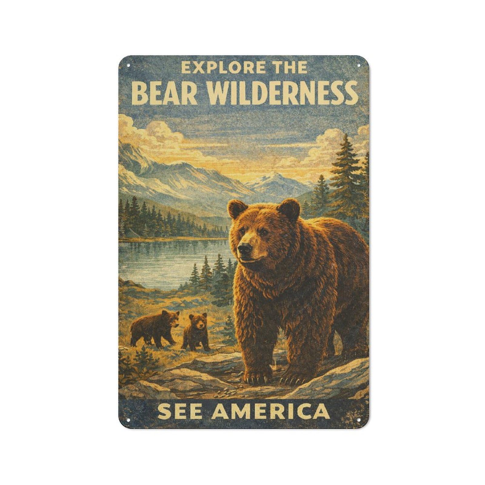 Junmoney Style-20 Metal Sign 30X20cm With Explore The Bear Wilderness Vintage For Hallway Wall, Retro Decor, Gift For Hallway Decor Lovers During The Christmas Season