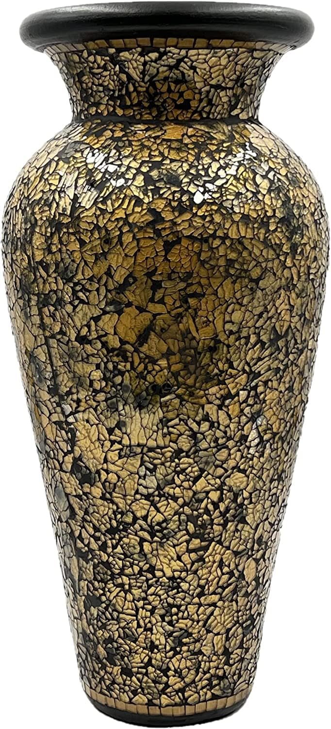 Floor Vase, 18 Inch Mosaic Vase – Tall Cylinder Made of Terracotta with Crackled Gold and Black Glass Mosaic Pieces – Handcrafted Decorative Home Décor Accent Piece for Bedroom, Living Room