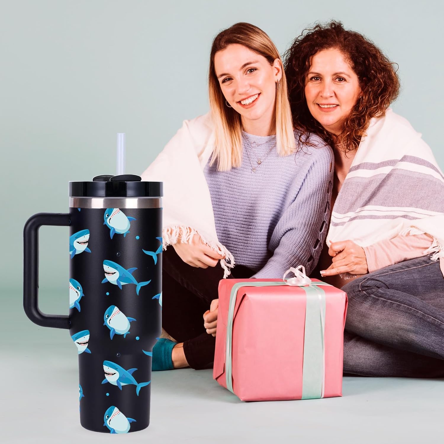 momocici 40oz Sharks Tumbler with Handle Gifts for Women.Shark Lover Cups Tumbler Gifts for Women.40 oz Birthday Christmas Shark Cup Tumblers for Sharks lover. - Image 3