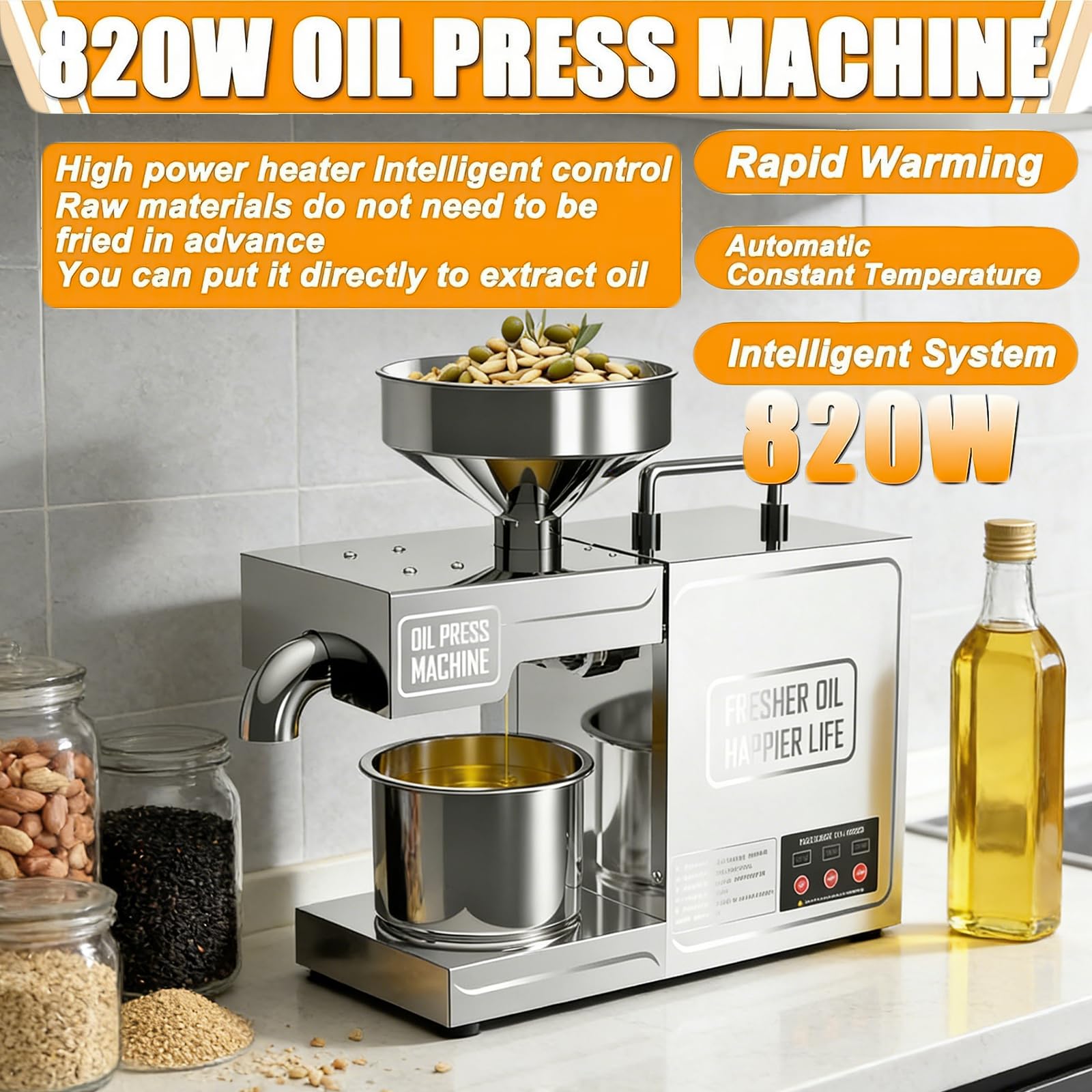 Prensa de Aceite Automática 820W, Extractor de Aceite en Caliente y Frío para Cacahuetes, Sésamo, Nueces y Aceitunas, Acero Inoxidable 304 de Grado Alimentario, para Uso Doméstico y Comercial