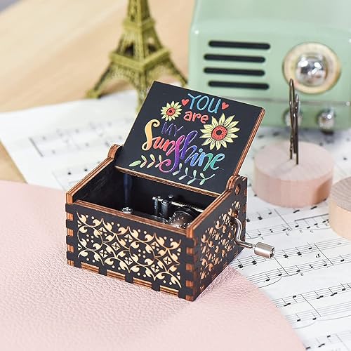 Miniatura 8 de Caja de música de madera, instrumento musical de manivela de madera con Melody You're My Sunshine regalo a familiares amigo amante classmate (You're