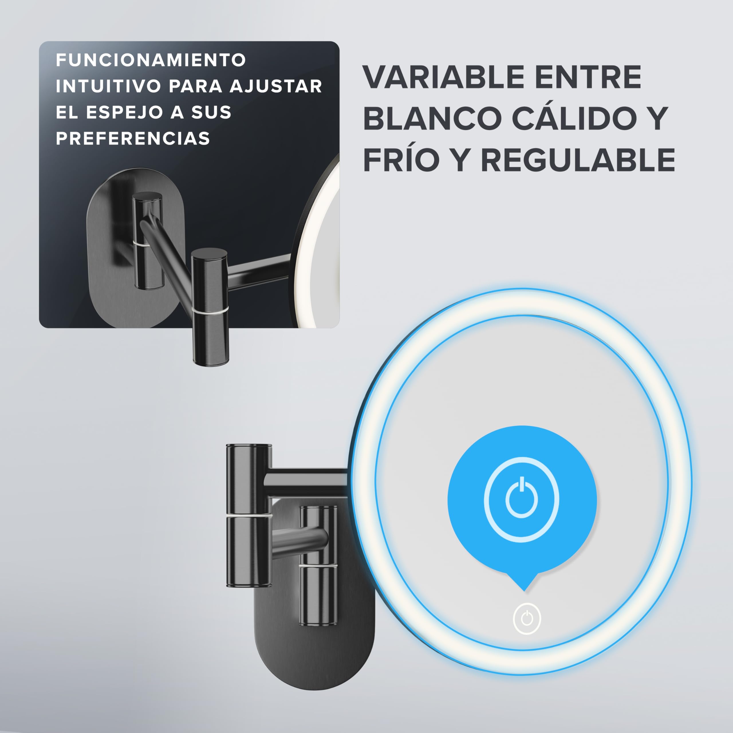Espejo de aumento Ringstind Gunmetal | con iluminación | recargable | Montaje en pared sin taladrar | en el baño | Espejo de aumento 5x | Espejo de maquillaje con luz | espejo de 360 ​​​​grados