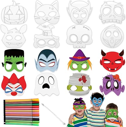 Juego de 16 máscaras de animales DIY, máscara para colorear de gato, máscara de fiesta de gato con 24 piezas de bolígrafo de acuarela, máscara en