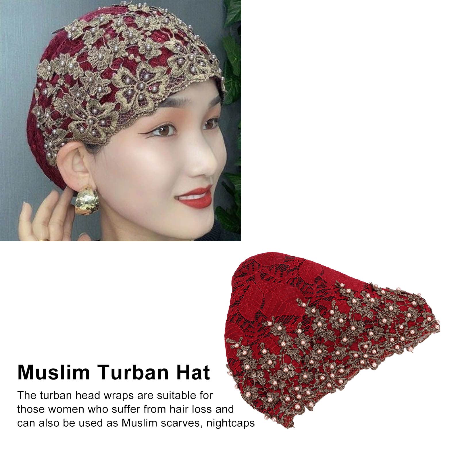 Vintage Embroidered Muslim Turban Hat – Black Lace & Fleece, Pre-Tied, For Women, Hair Loss, Daily Wear