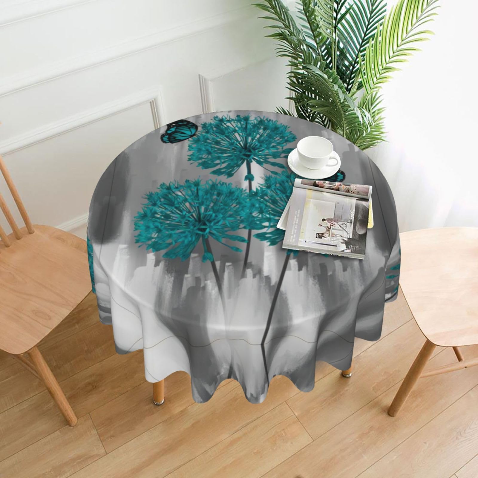 hhxvcv Gray Teal Flower Butterfly Round Tablecloth – Dining Table Cover