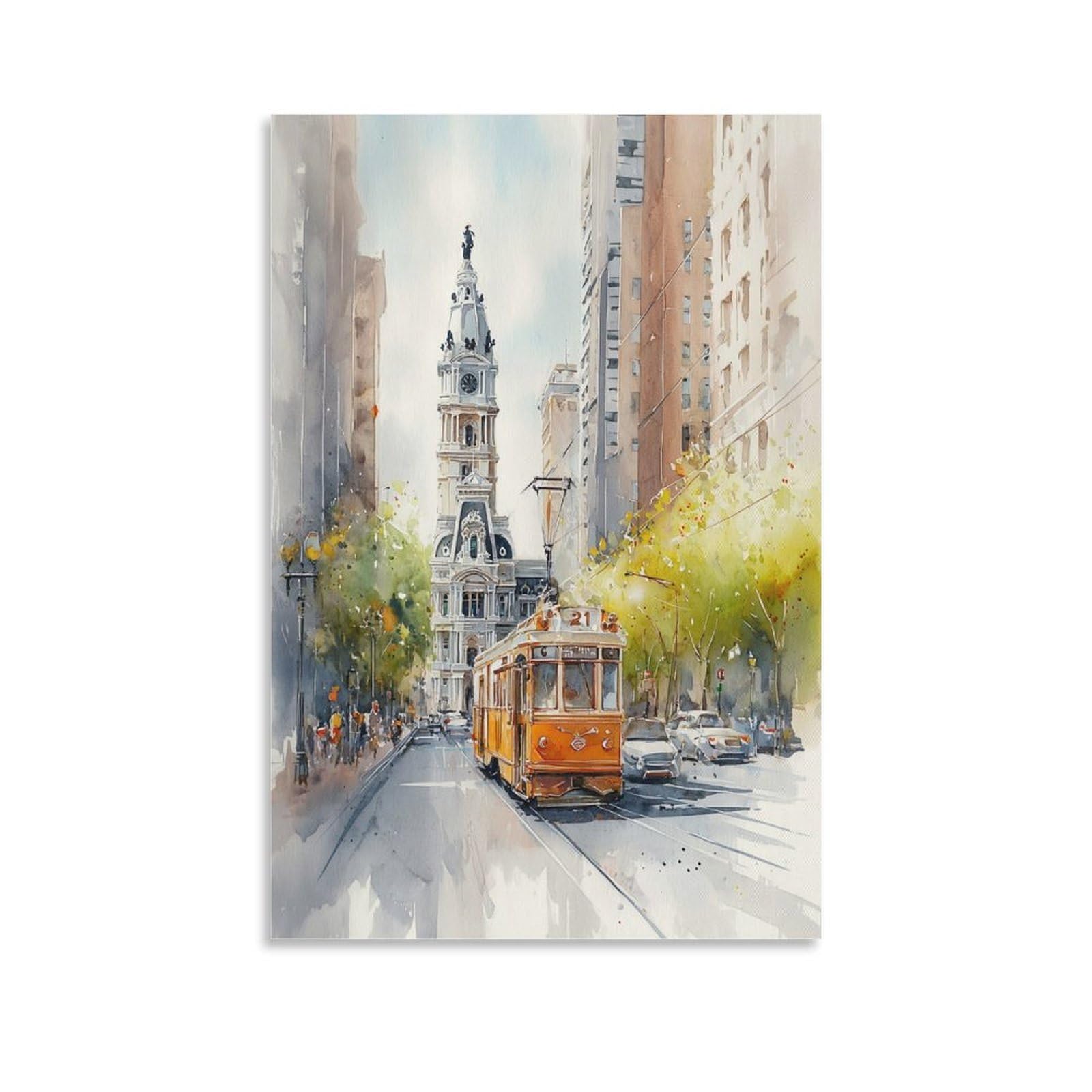 XWYMXZ Philadelphia Trolley Car 20x30inch(50x75cm) Vintage Travel Poster Watercolor Canvas Art