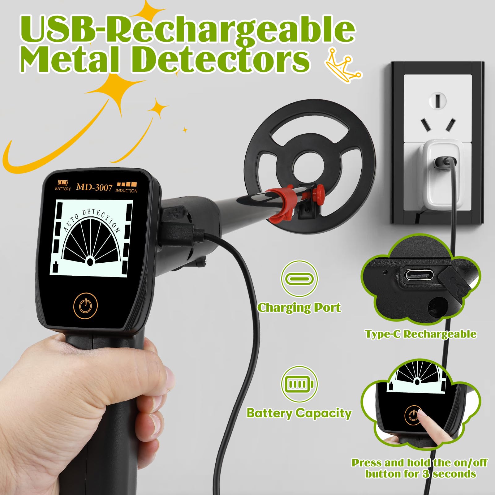 Détecteur de métaux pour enfants avec écran LCD - Rechargeable USB-C et bobine de recherche étanche - Kit de détecteur pour enfants avec pelle et sac - Idéal pour la chasse au trésor, la plage, le