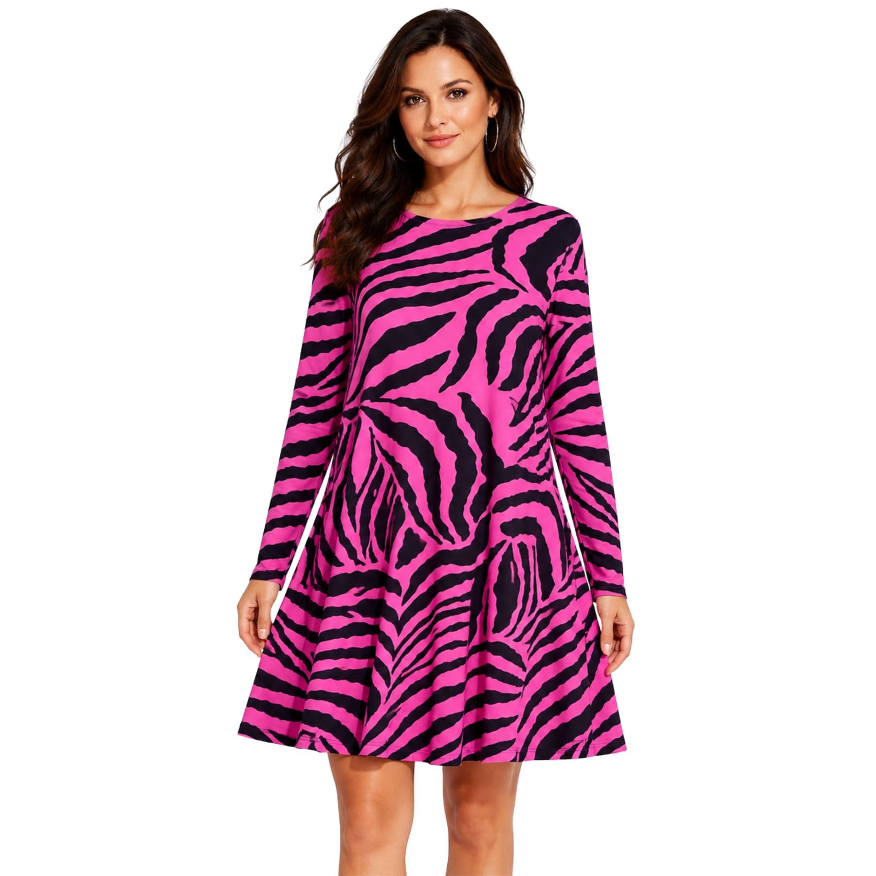 Vestido de manga larga estampado cebra mujer minivestido rosa neón evasé 40-42 8