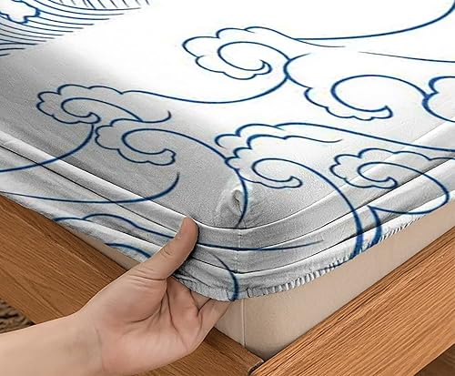 Miniatura 4 de Sábana bajera ajustable con temática náutica, diseño de ondas japonesas, juego de ropa de cama de 2 piezas con estampado decorativo, ultra suave y