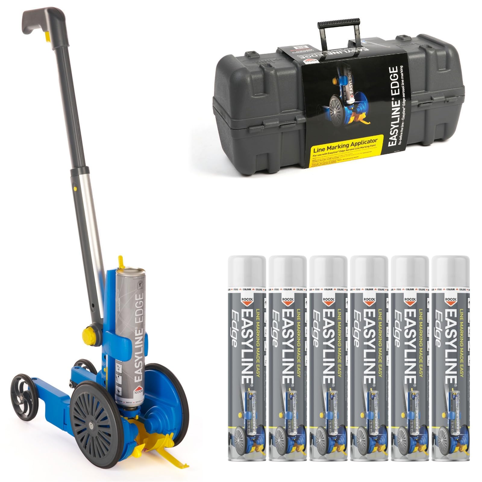 DEWEPRO Markier-Set: 6x ROCOL EASYLINE EDGE weiß + Markiergerät/Markierwagen Airblow Applikator - Farbe: weiß - Linienmarkierung - Linienmarkierfarbe - Linienmarkierungsspray inkl. 6 St SingleScrubs