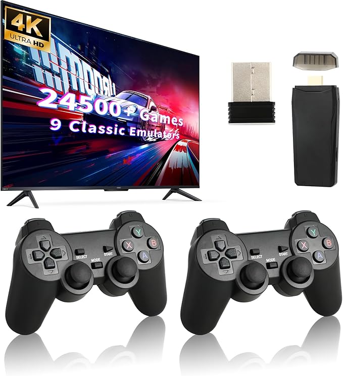 Retro Game Console, Wireless Retro Game Console, Built-in 9 Emulators, 4K HDMI Output, Dual 2.4GHz, Built-in 24500 Games, Plug and Play Video Games, Black