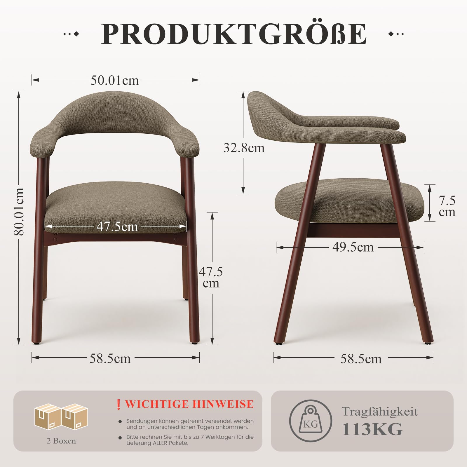 MALOL 4er Set Stoffsessel Esszimmerstühle, gepolsterte Esszimmerstühle mit gebogener Rückenlehne und Holzbeinen, Mid-Century-Modern Küchenstühle für Küche und Esszimmer, Kamel