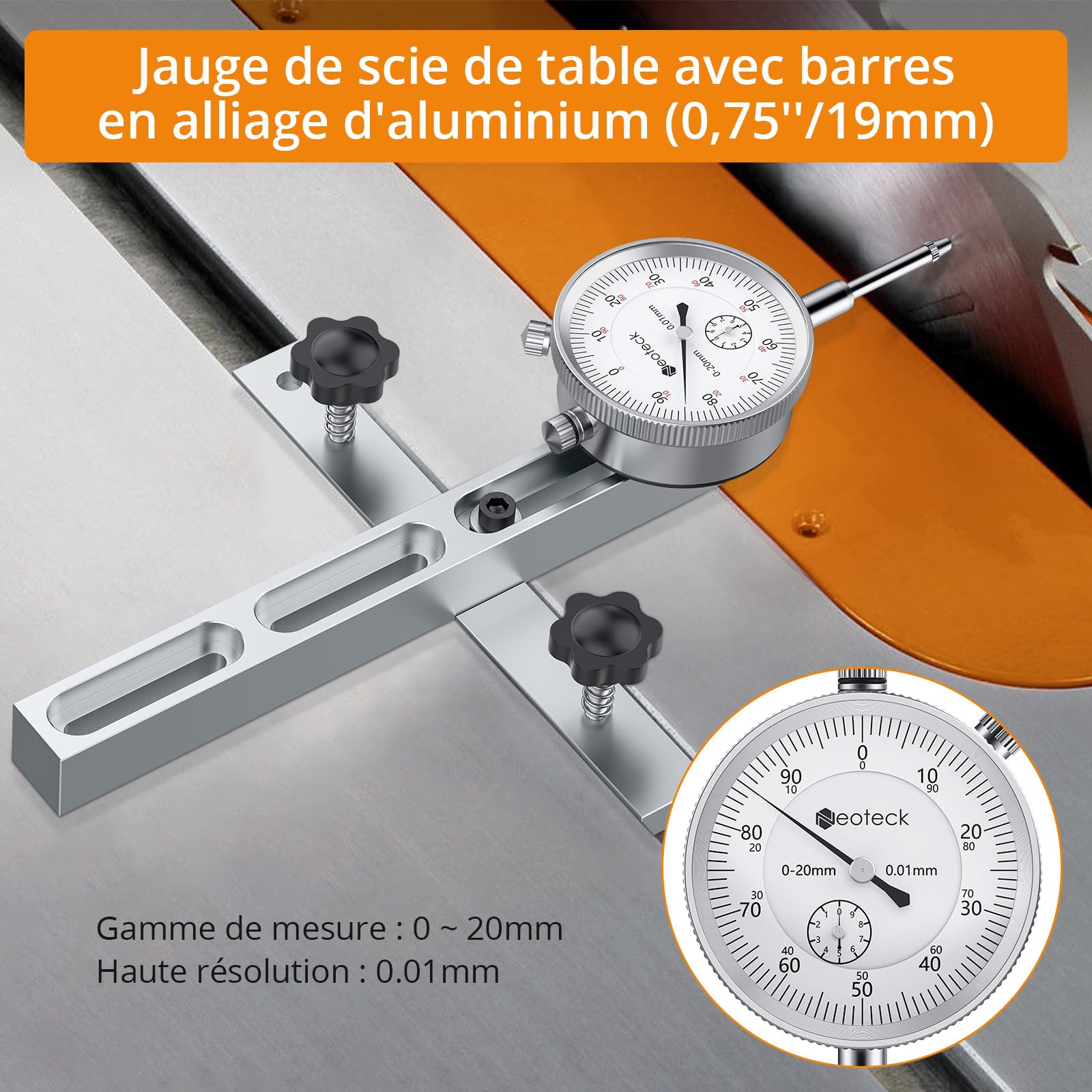 Neoteck 0-20mm Comparateur Mécanique pour Scie à Table Résolution 0.01mm avec Barre en Aluminium Anodisé Fixation à Trois Glissières Indicateur à Cadran Mécanique pour Scies Circulaires à Table