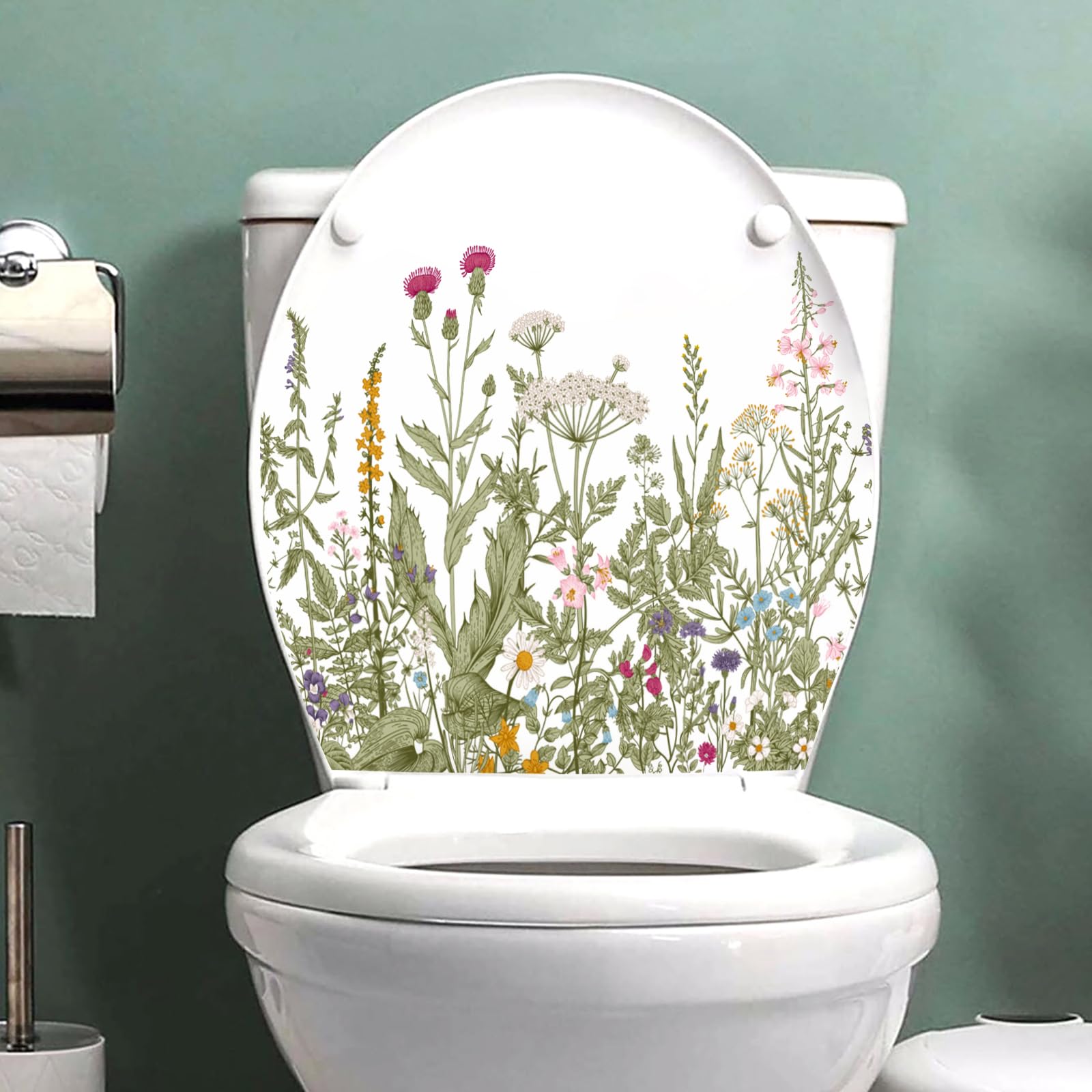 2Pcs Green Plant Leaves Flowers Toilet Stickers Self-Adhesive Toilet Lid Stickers Bathroom Wall Sticker Toilet Cover Decor Decal (C)