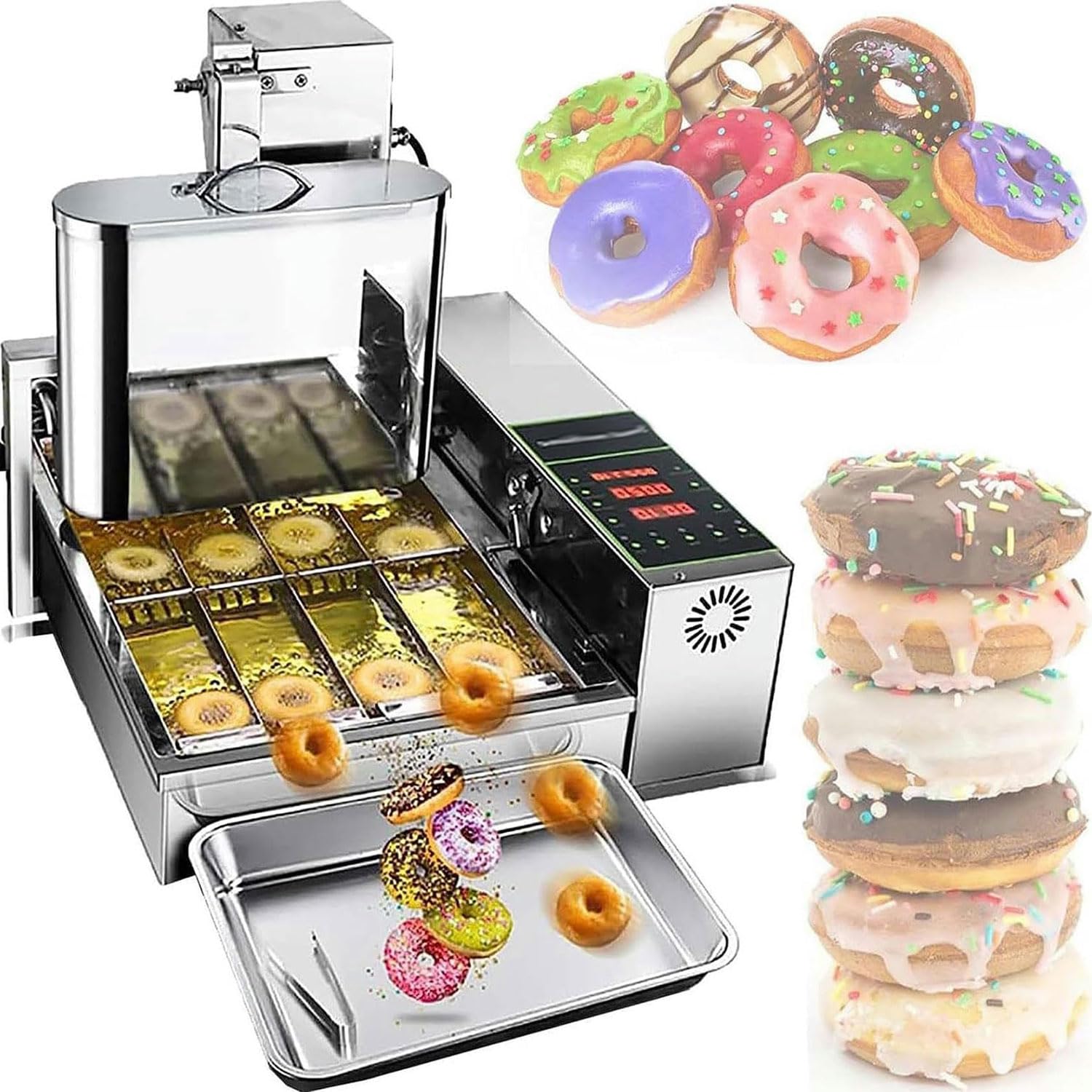 Máquina para hacer donas totalmente automática, 2000 W, comercial, 4 filas, con tolva de 5.5 L, grosor ajustable de 1800 piezas/H, freidora de donas con tapa automática