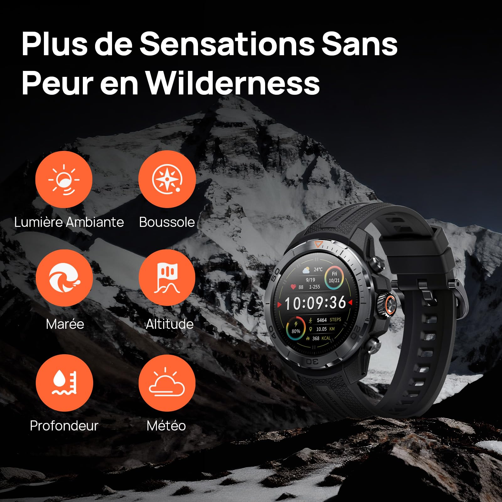 Mibro GS Explorer Montre Connectée Homme Outdoor, GPS, 10ATM Étanche | Smartwatch Militaire 1.32" AMOLED, 20 Jours, Baromètre Surveiller SpO2 Boussole pour Aventure, Android et iOS (Noir)