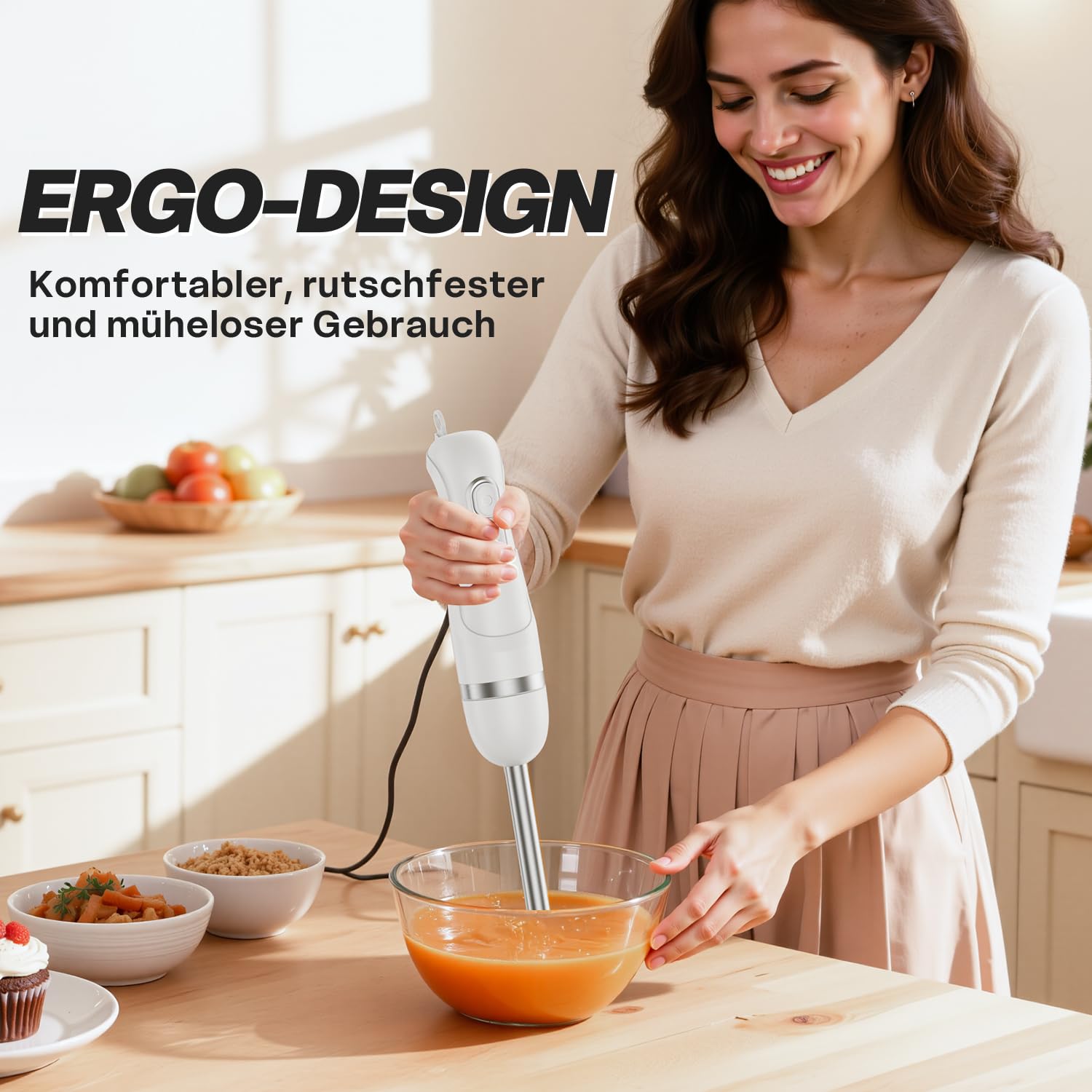 BESROY 1100W Stabmixer Edelstahl, Elektrischer Pürierstab & Hand Blender mit 2 Geschwindigkeitsstufen + Turbo, Kupfermotor, Spülmaschinenfest, für Babynahrung, Smoothies & Suppen, BPA-frei, Weiß