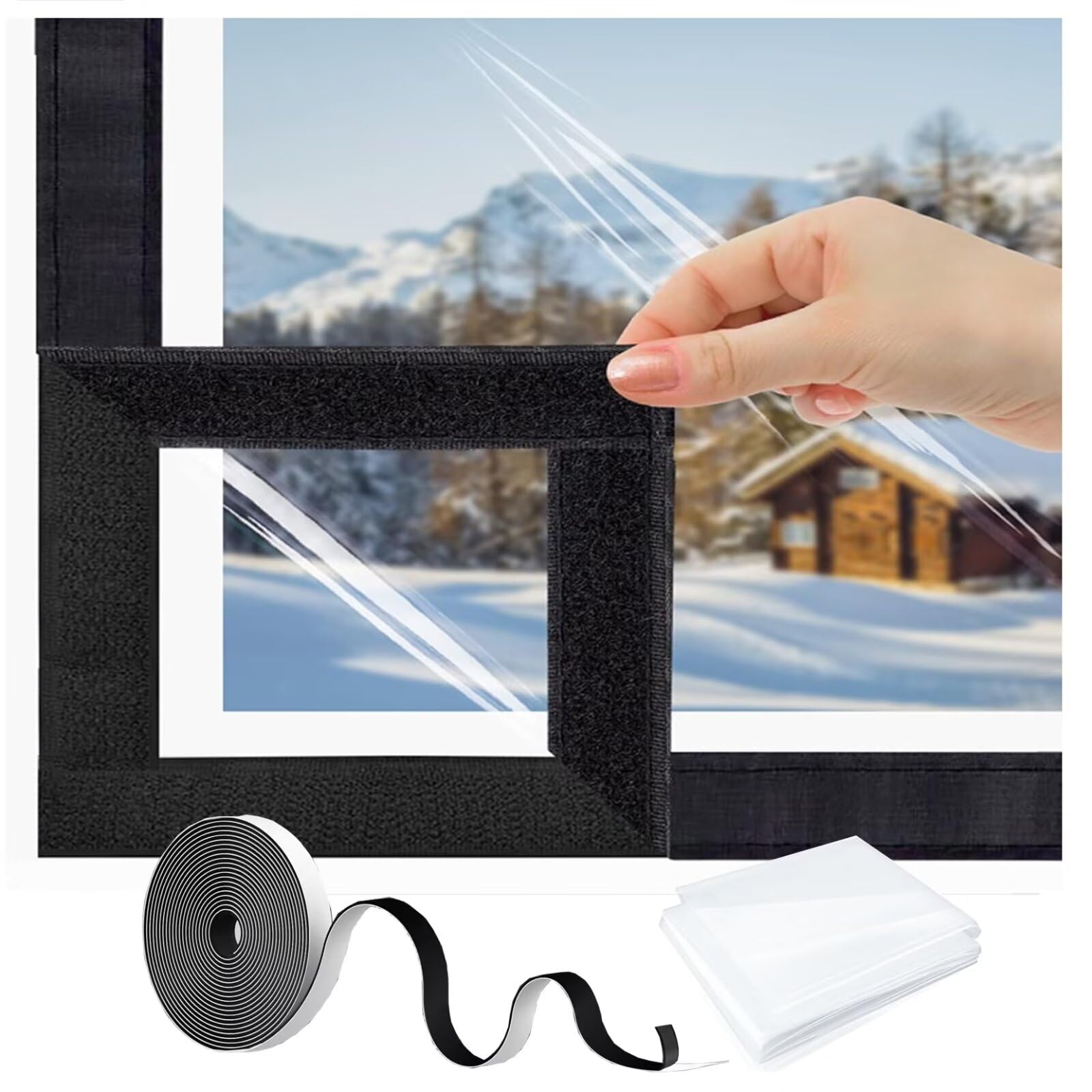 W160 x H195cm Kit de Aislamiento de Ventanas,cortina de aislamiento de viento para interiores de PVC,kit térmico para reducir el ruido,película aislante para ventanas y puertas Negro