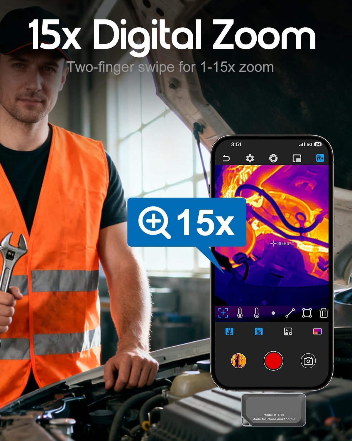 REVASRI Kamera termowizyjna do iPhone'a i Androida, kamera termowizyjna o rozdzielczości 320 × 240 Super IR, zakres temperatur od -15.6 °C do 450.0 °C, kompatybilna z urządzeniami USB-C iOS i Android