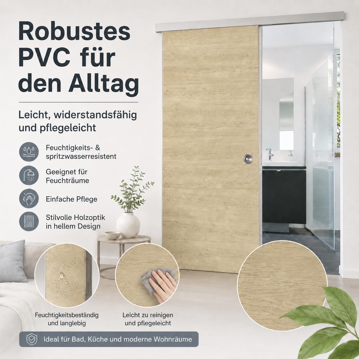 Ondis24 SLIDE Porte coulissante pour appartement avec rail le long du mur, séparateur de pièce intérieur avec rail, système de porte coulissante, séparateur de pièce avec guide au sol, 93 cm, beige
