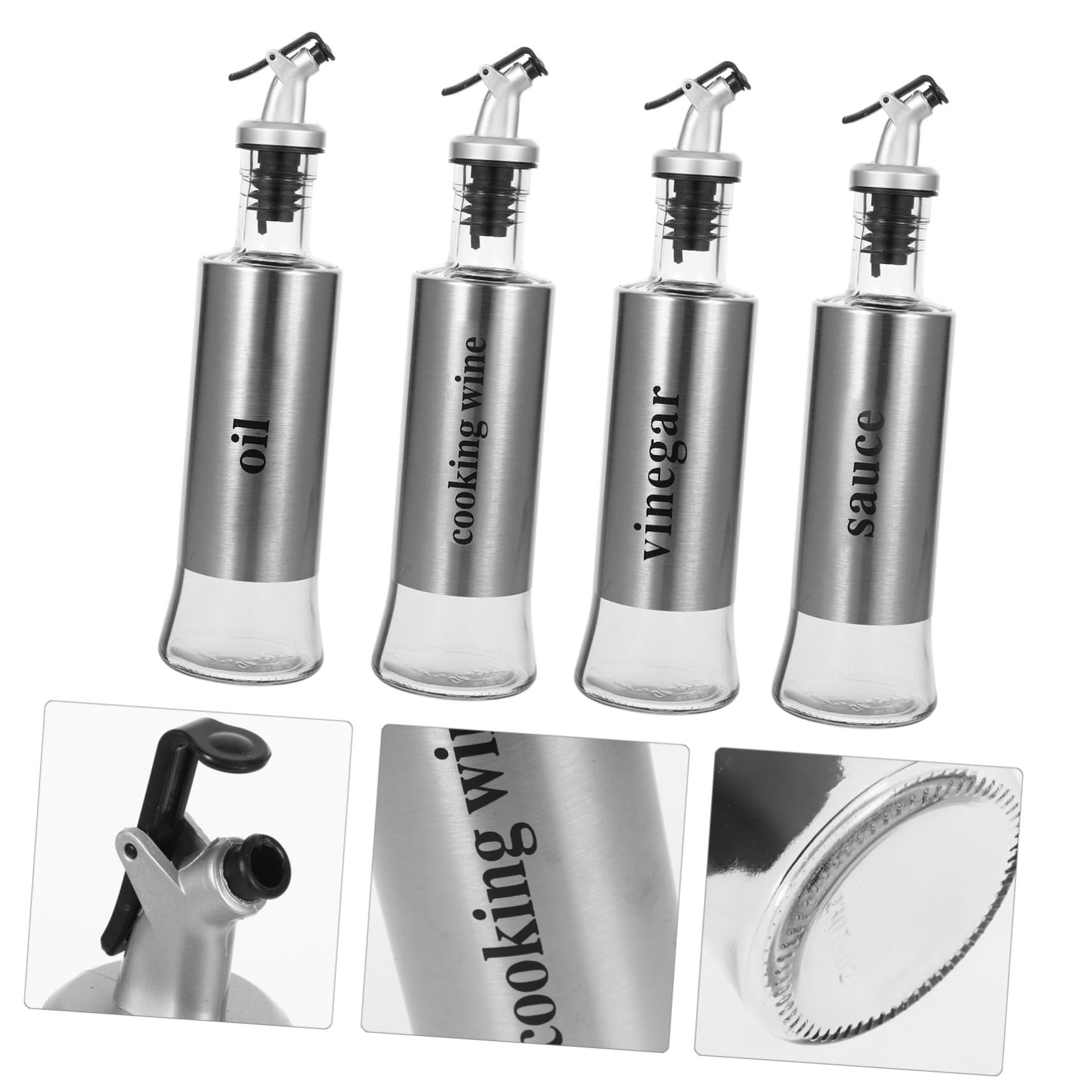 Cabilock Set de 4 Botellas Dispensadoras de Aceite y Vinagre de 300ml Diseño Elegante de Acero Inoxidable y Vidrio para Cocinas y Restaurantes