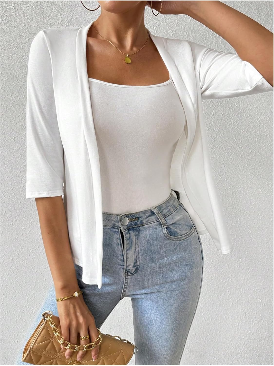 OYOANGLE Women's Open Front Light Cardigan Half Sleeve Bolero Jacket Office Work Casual Blazer Outerwear - Image 2