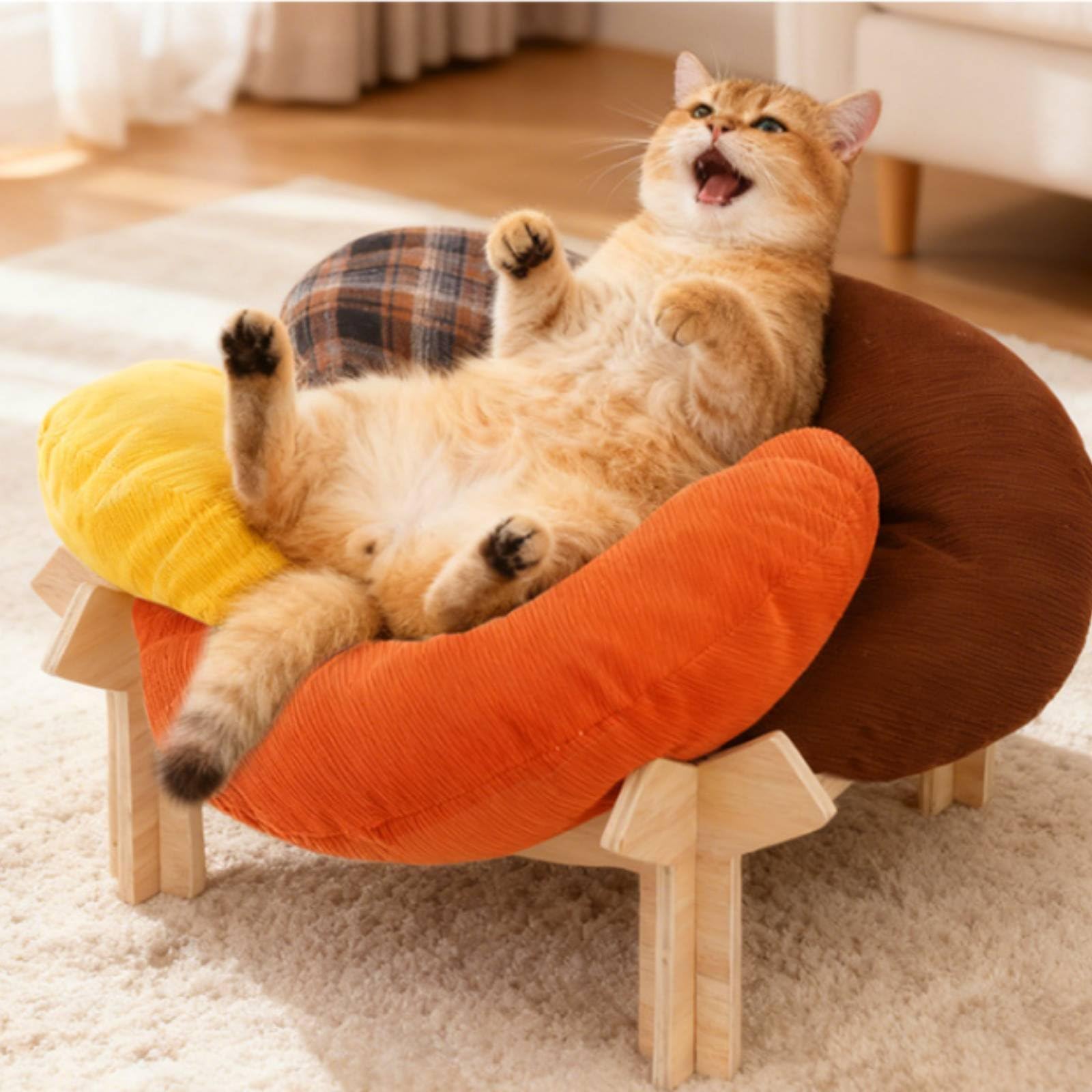 Nido per Gatti in Pile Letto Rialzato Cuccia Divano Amaca Base in Legno Multistrato Rivestimento Morbido Confortevole Traspirante a Blocchi Facile