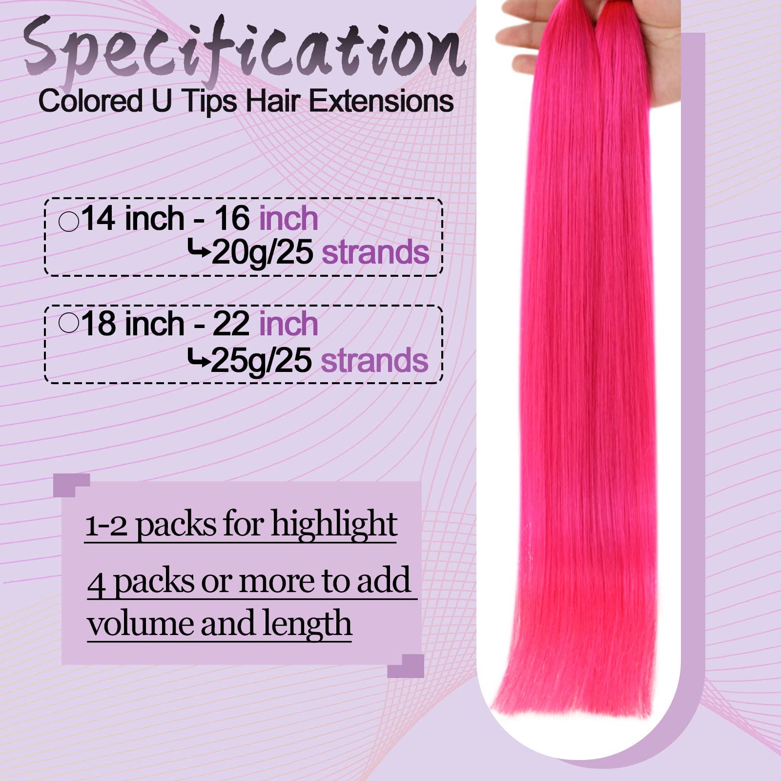 RUNATURE U Tip Hair Extensions Real Human Hair HotPink Fusion Hair Pink U Tipped Hair Extensions Human Hair 18 Inch 25 Gram - Image 4