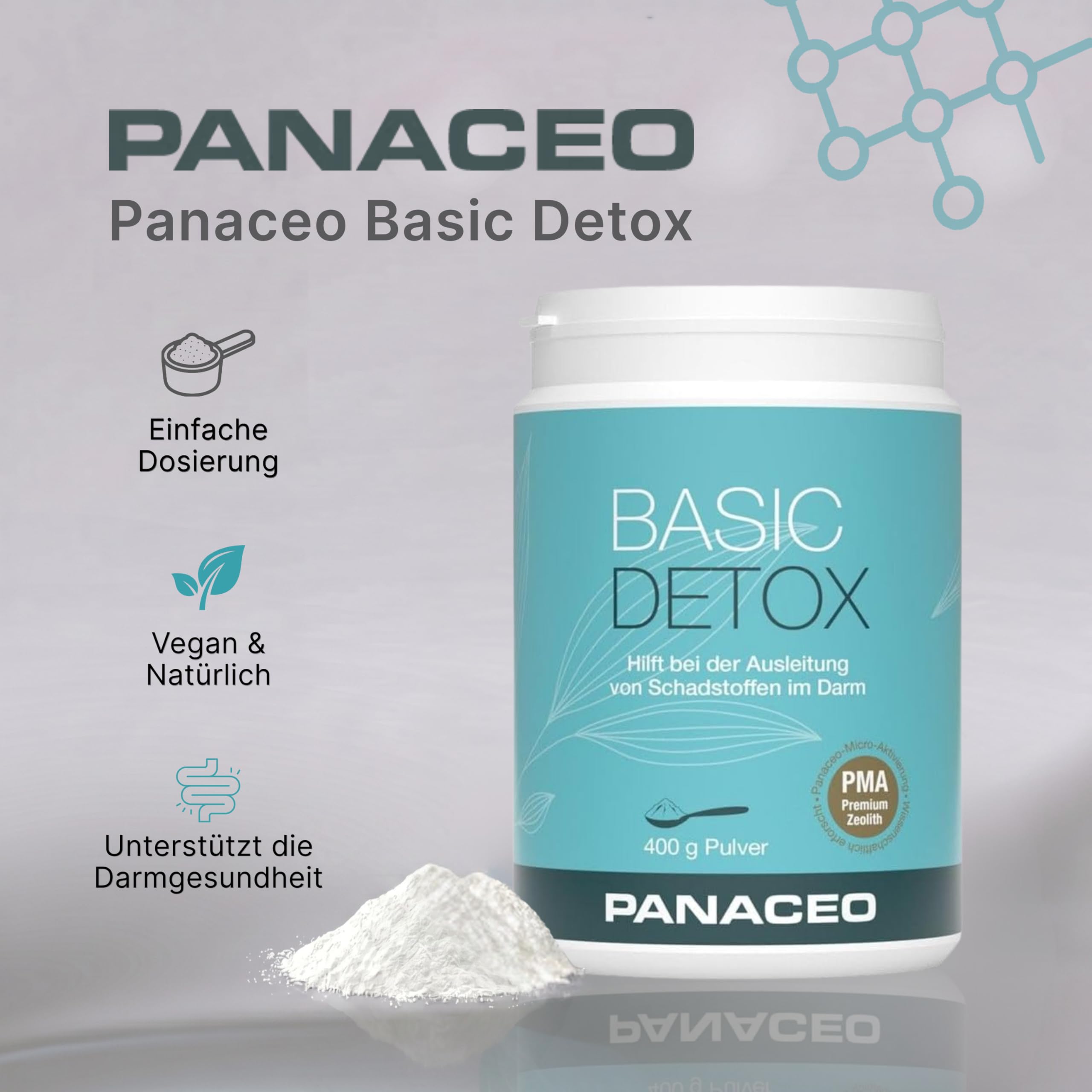 PANACEO Basic-Detox – Medizinprodukt Klasse IIb zur Entgiftung des Magen-Darm-Trakts – PMA-aktivierter Zeolith – zur Stärkung der Darmwand (400g)