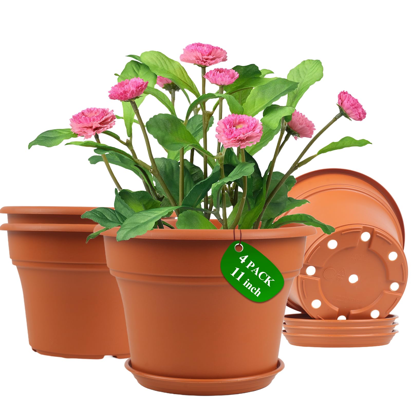 Pottiffe 11 Inch Plastic Flower Pot 4 Pack