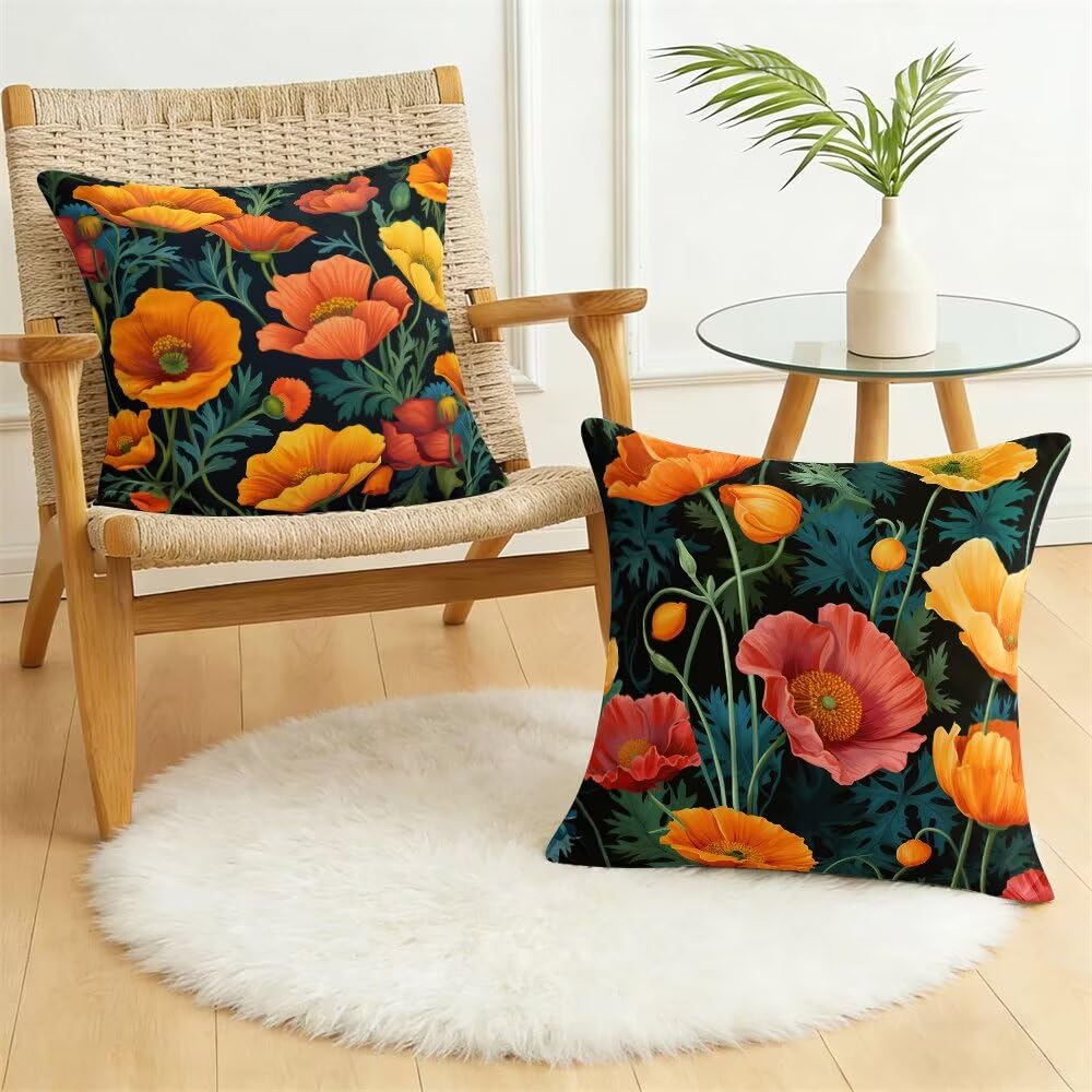 Federe Cuscini Divano 60x60 cm Federe Morbido Copricuscini Primavera in Velluto, 2 Pezzi Copri Cuscini per Divano Fiori Decorativi Federa Cuscino Papavero per Camera da Letto Soggiorno (IU189)