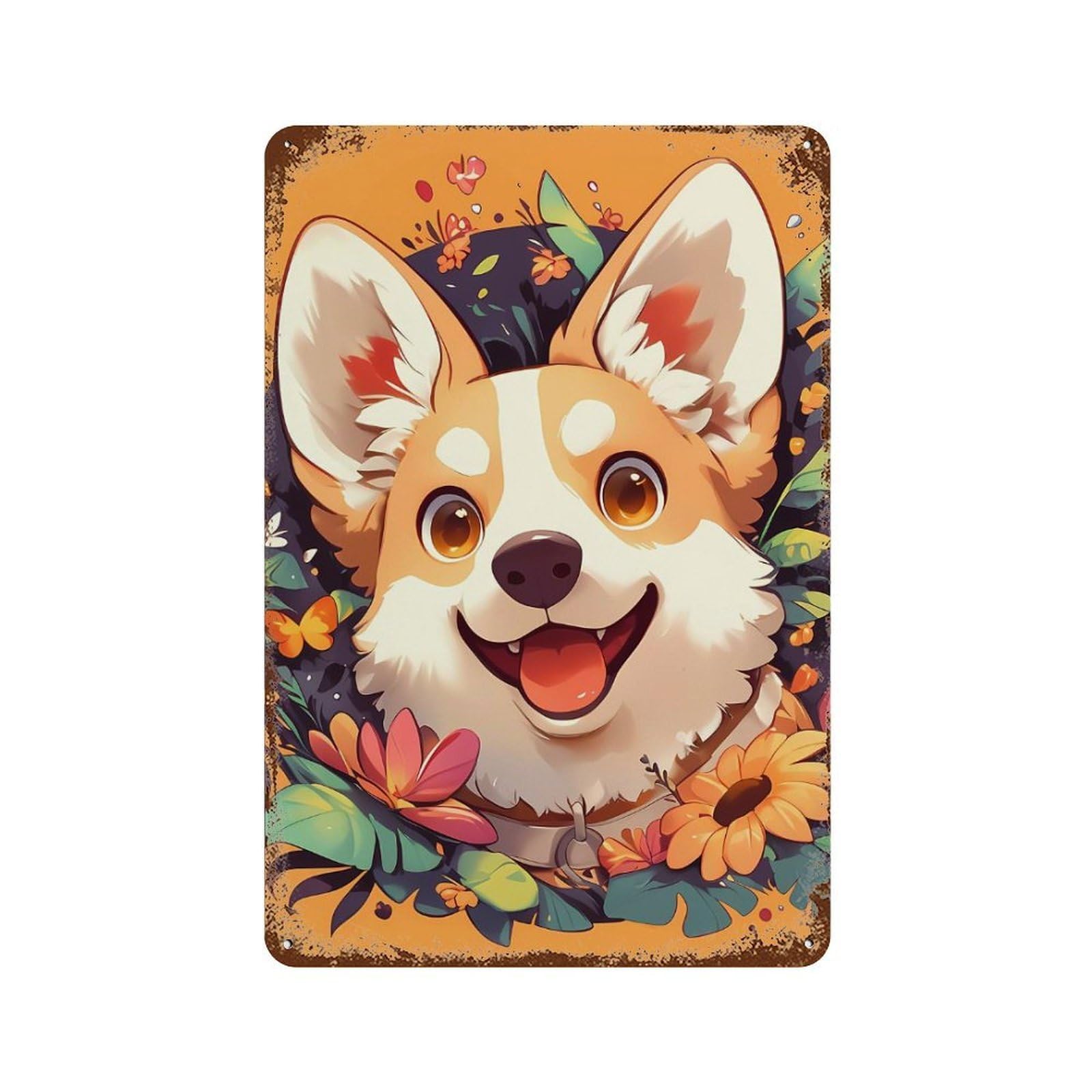 Happy Corgi with Floral Background Decorative Tin Sign 11.8"x7.9", for Farmhouse, Kitchen And Entryway Decor, Vintage Wall Decor