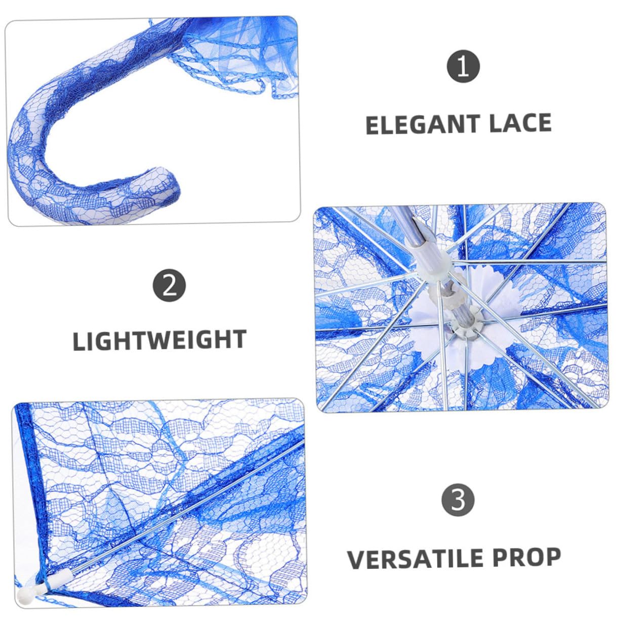 Parapluie en Dentelle Bleu pour Garçon et Filles, Lot de 2 | Design Dentelle Élégant, Tissu, Plastique et Métal, Adapté aux Événements et Tea Parties