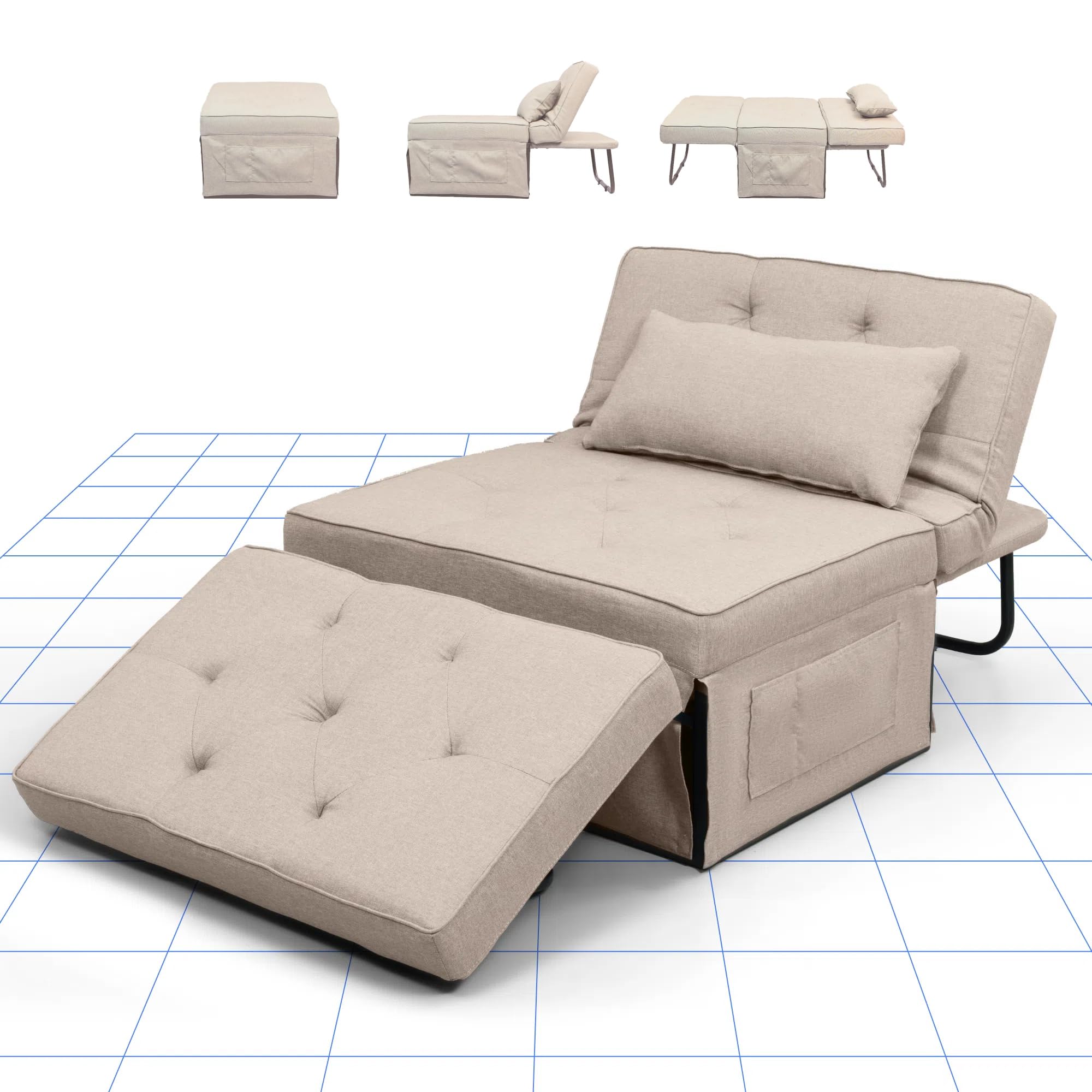 FLEXISPOT Sessel Wohnzimmer Sessel mit hocker Schlafsessel Klappbar mit bettfunktion mit schlaffunktion umwandelbarer Stuhl Bett ausziehbarer Schlafsessel Belastbar bis 300kg, BEIGE, 91 * 69 * 35 cm Küche, Haushalt & Wohnen