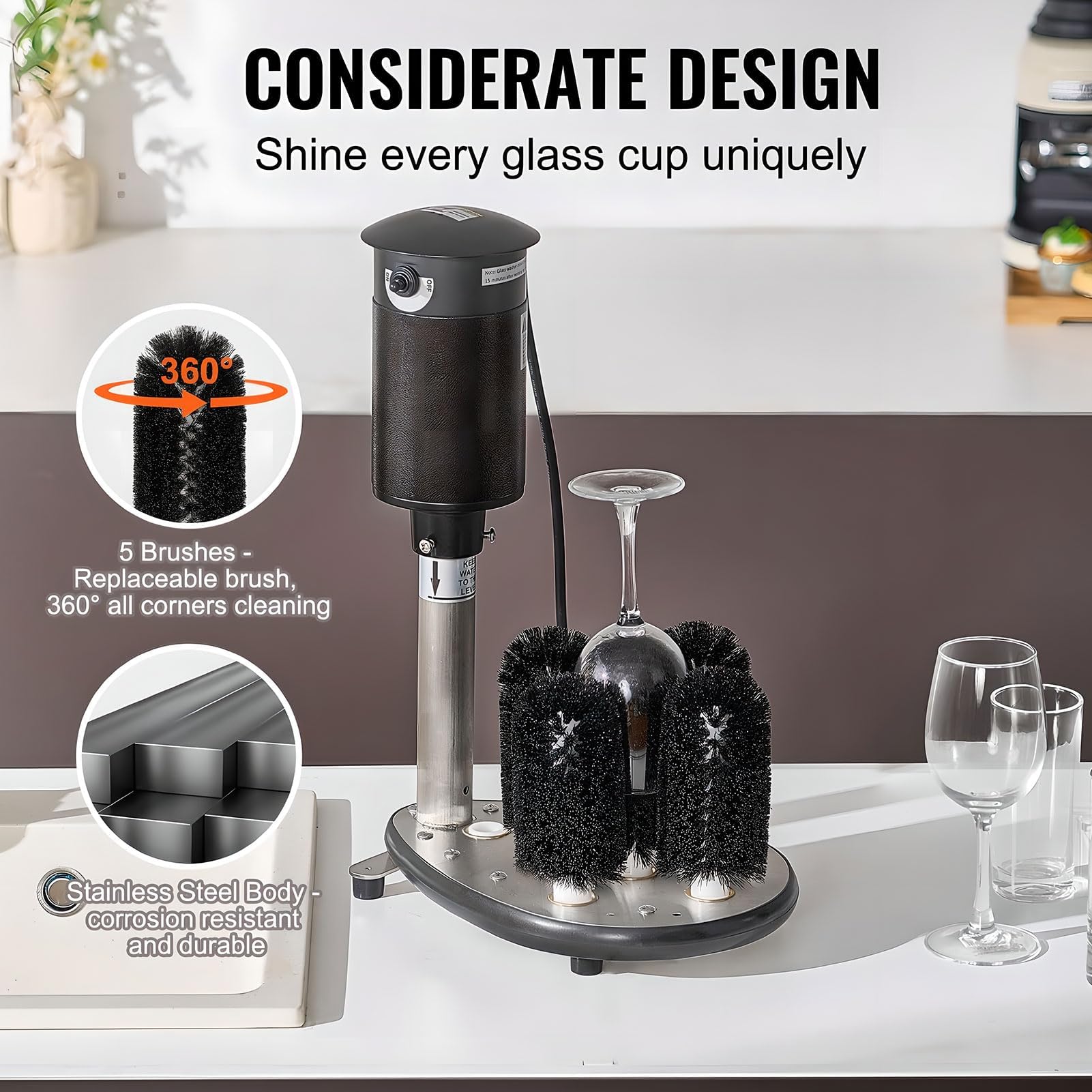 Lavadora de vidrio comercial, 1200 tazas/hora, máquina pulidora de vidrio con 5 cabezales de cepillo para bares, pubs y restaurantes