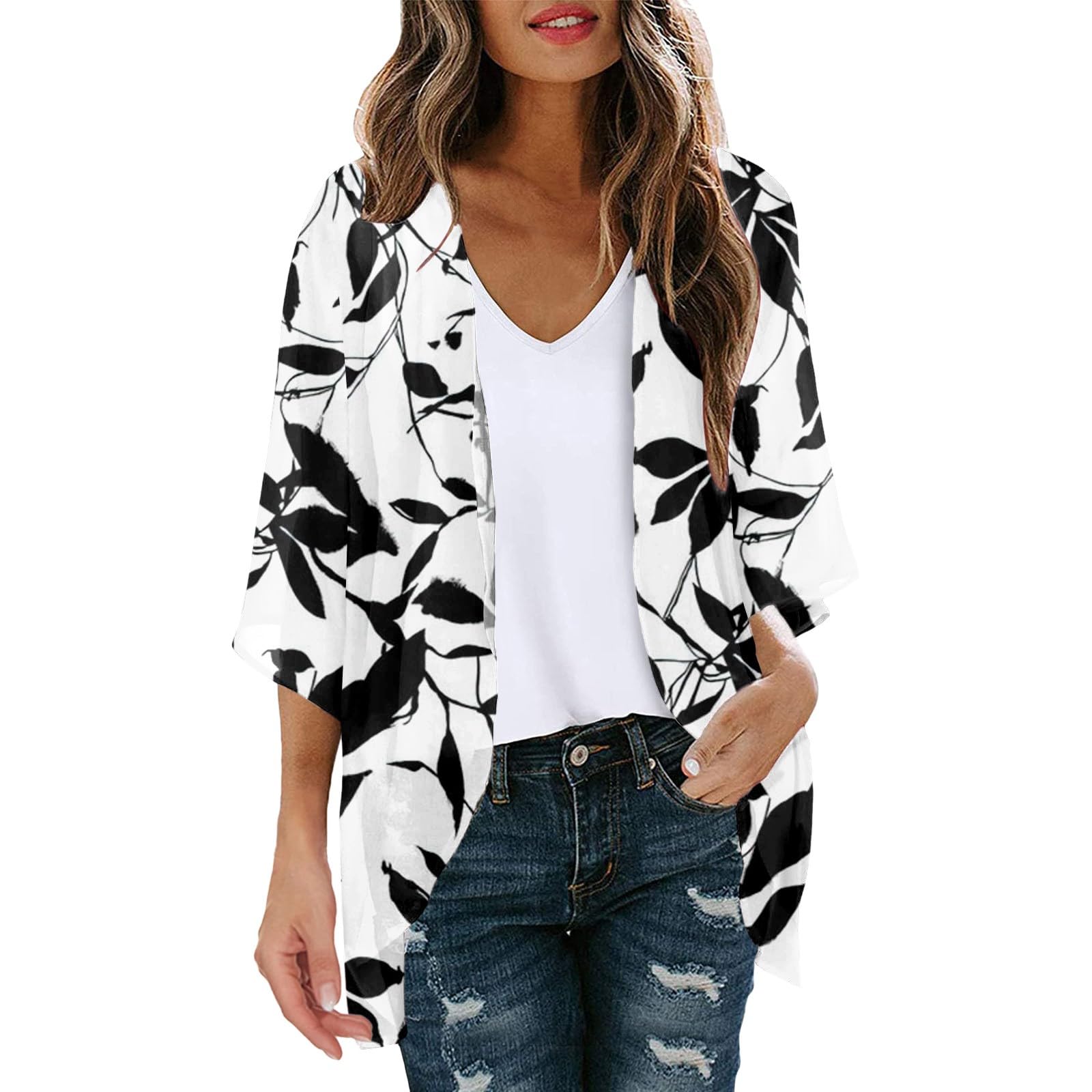 PAIDAXING Cárdigan de gasa para mujer, manga 3/4, para verano, playa, frente abierto, cárdigan tipo kimono ligero y transparente, blusa casual de playa
