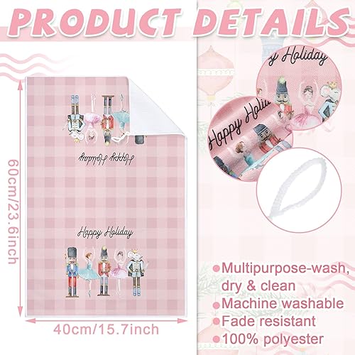 Miniatura 3 de 6 toallas de cocina de Navidad, diseño de árbol de cascanueces, toallas de mano a cuadros de búfalo rosa y blanco, paños de cocina de invierno para