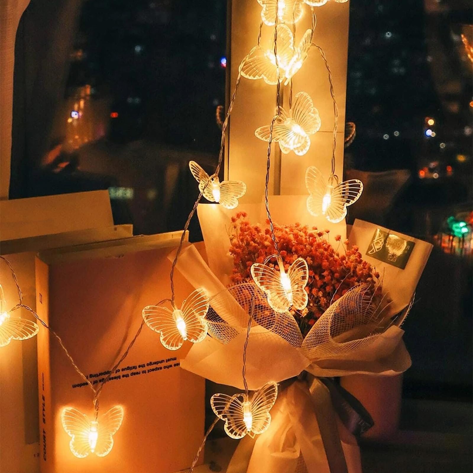 Catena Luminosa A LED A Farfalla|Lampada In Filo Di Rame A Luce Bianca Calda|Lampada Decor Creativa Per Il Patio Delle Vacanze Feste,Bianco Caldo,Batteria Da 80 LED Da 10 M (32,8 Piedi)