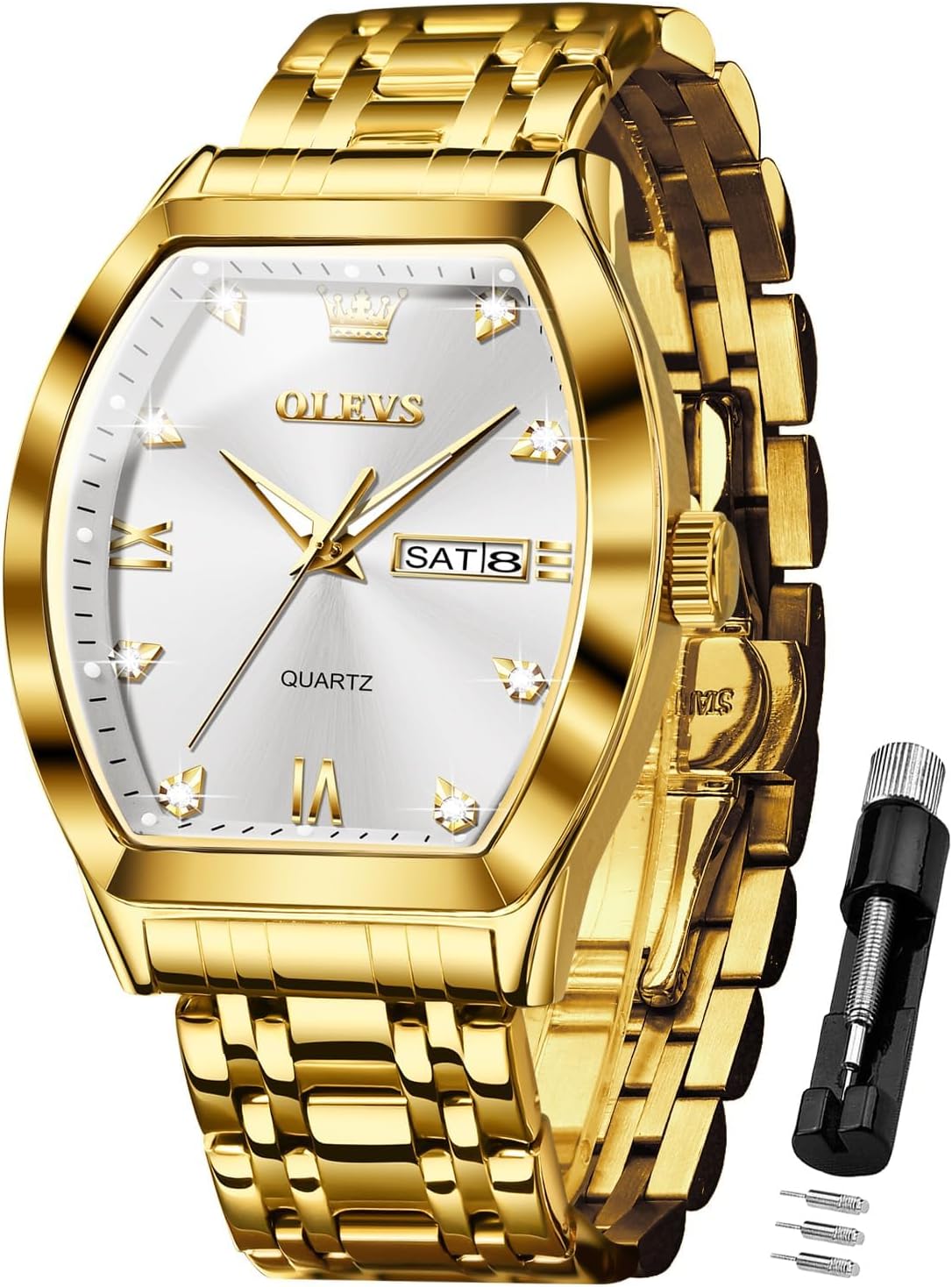 OLEVS Square Watches for Men Diamond Analog Quartz Stainless Steel Big Face Business Luxury Dress Mens Wrist Watch with Date Waterproof Luminous Gold-White