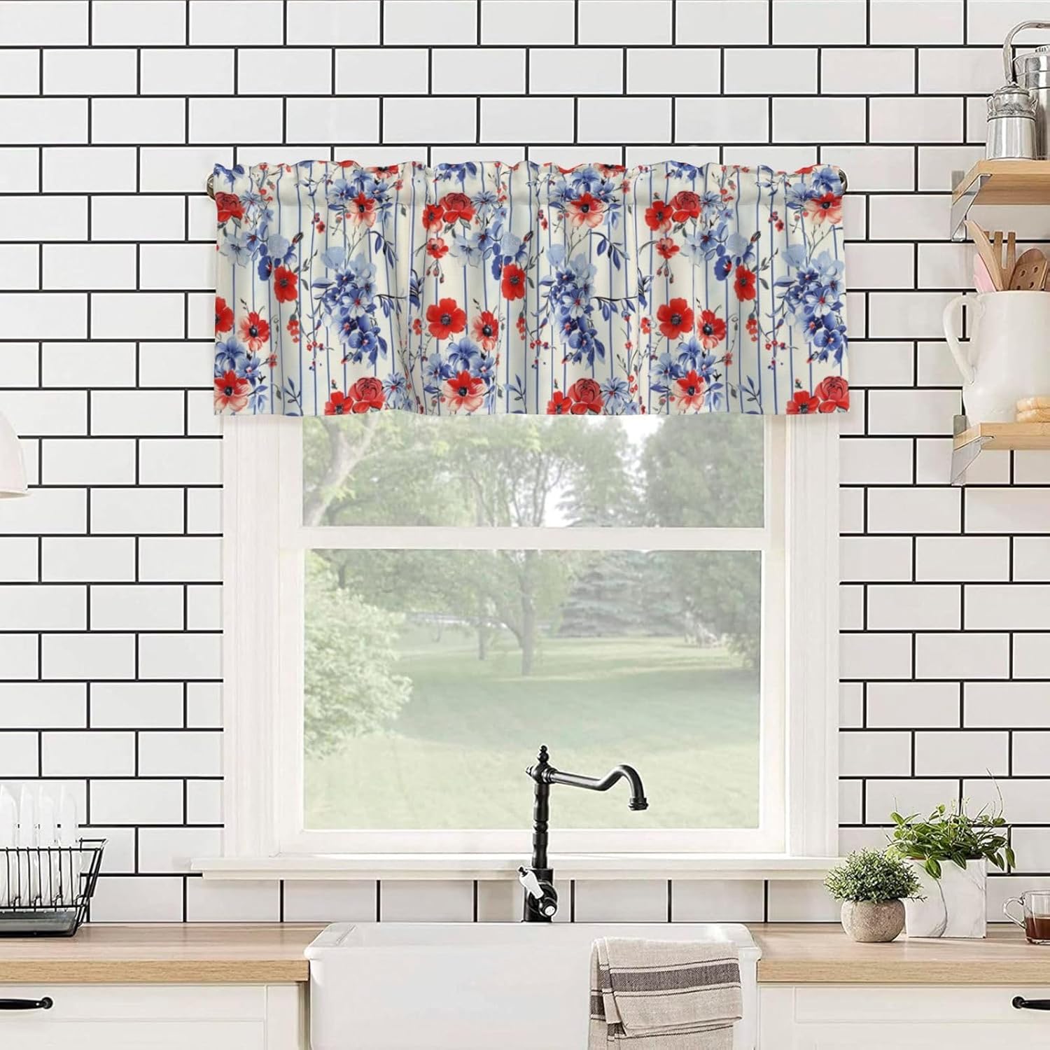 Valance for Windows Red Blue Flowers Blue Stripe Kitchen Curtains Valances Rod Pocket Window Treatment Short Topper Curtains 1 Panel, 54x18inch